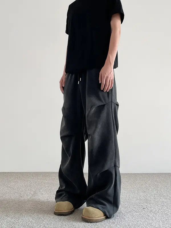 Black Pleated Stacked Pants Flared Baggy Pants
