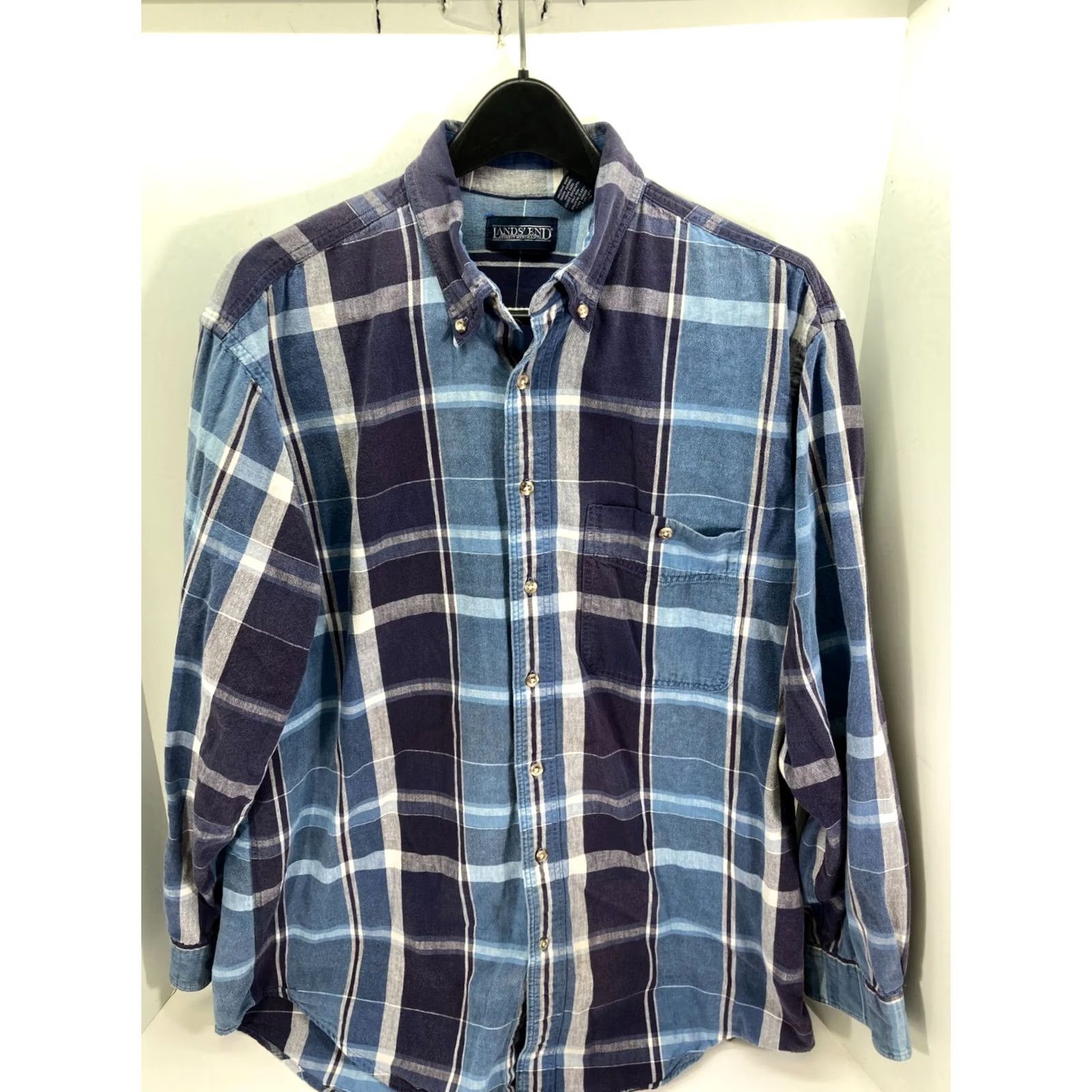 Lands' End Lands' End Button Down Shirt Mens L Blue Plaid Long Sleeve Button-Up Casual Travel 90s Outdoor Mens Regular Big & Tall Size US L / EU 52-54 / 3 - 3 Thumbnail