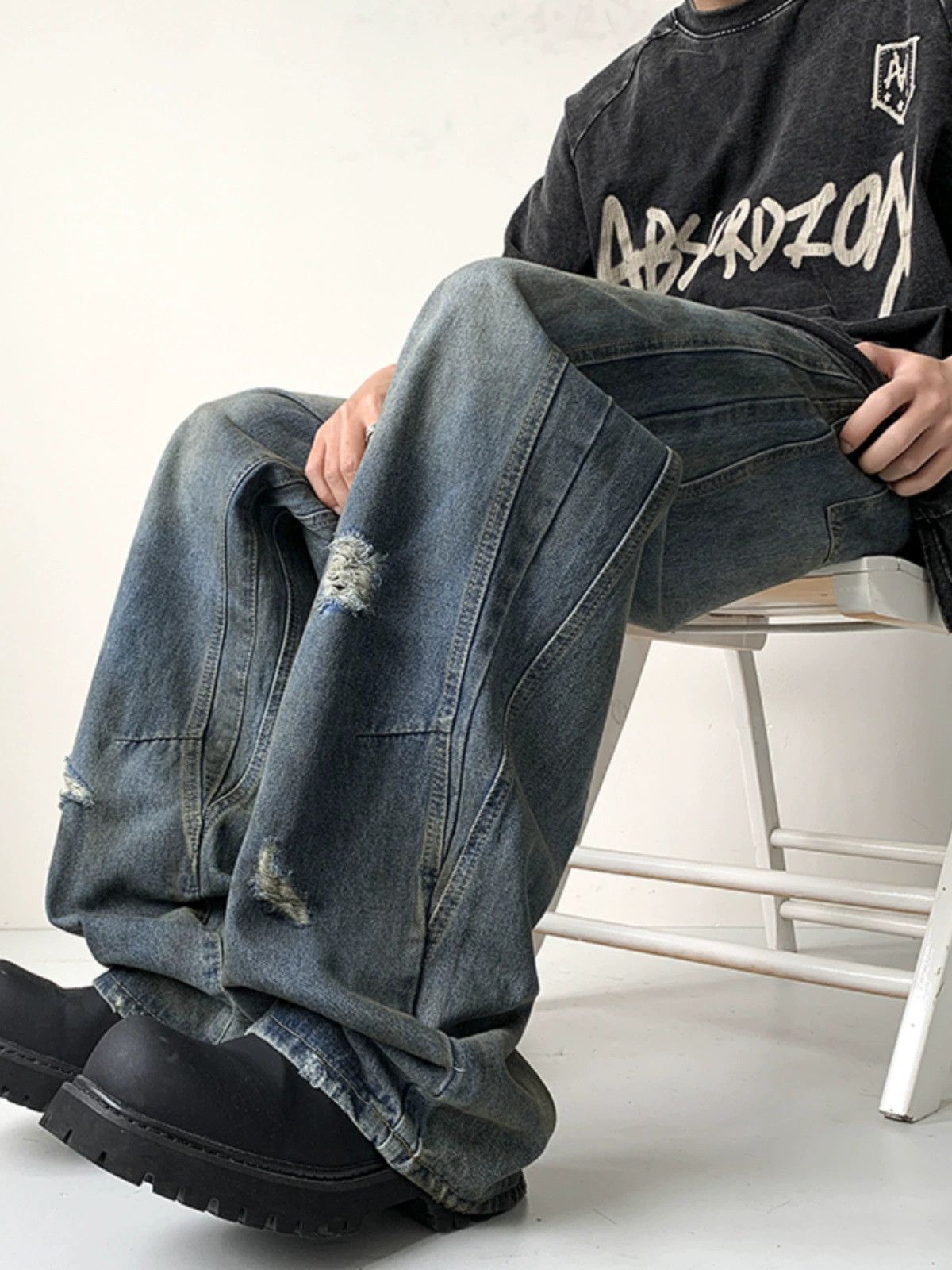 Vintage American loose wide-leg distressed straight washed jeans Size US 32 / EU 48 - 3 Thumbnail