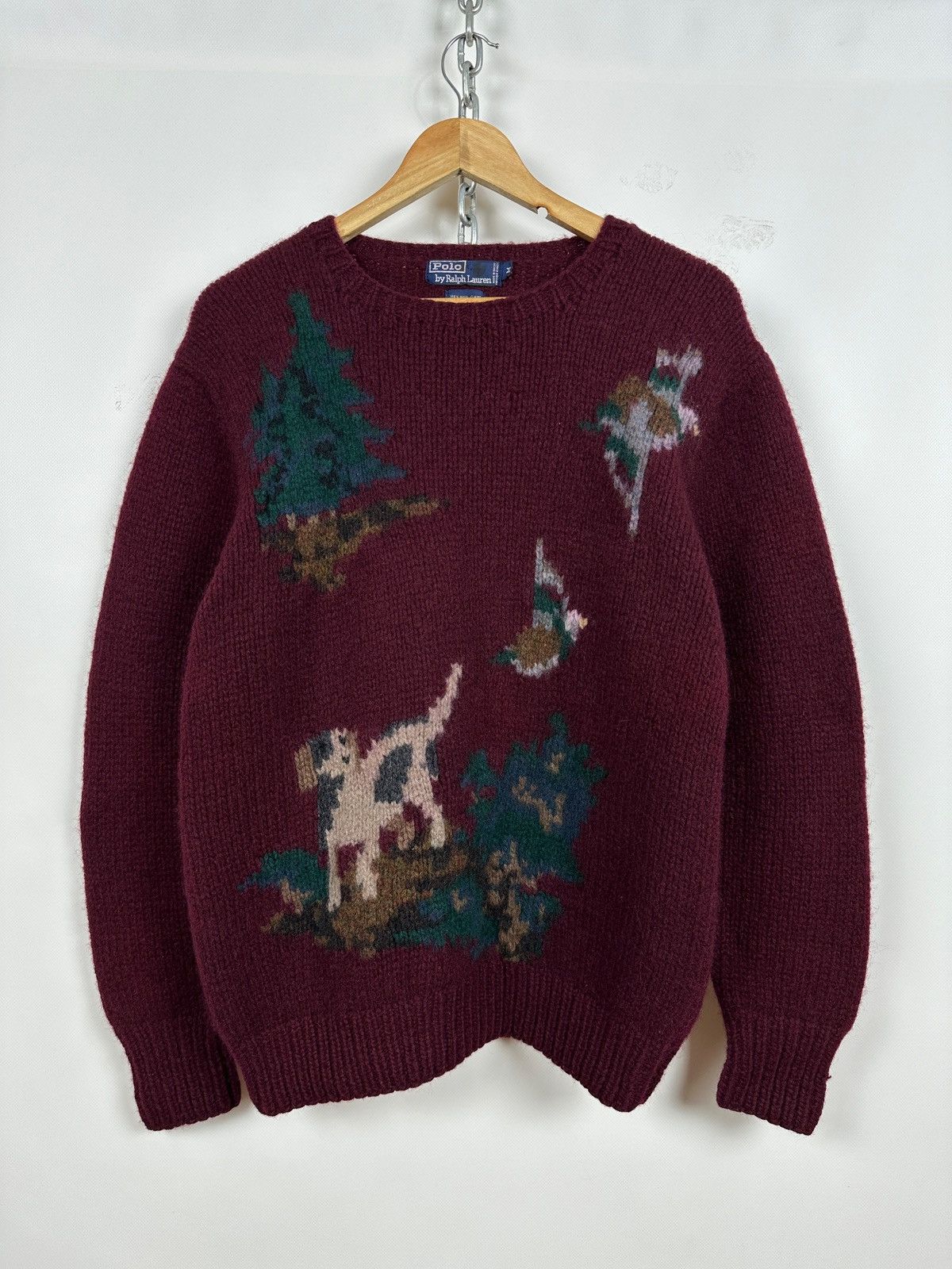 Pre-owned Polo Ralph Lauren Vintage T Hand Knit Hunting Dog Duck Sweater In Red