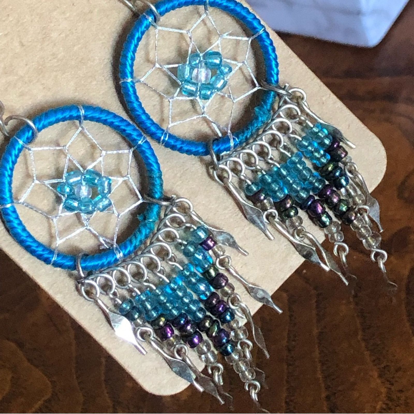 Handmade Hand crafted beaded blue and silver dream catcher earrings Size ONE SIZE - 1 Thumbnail