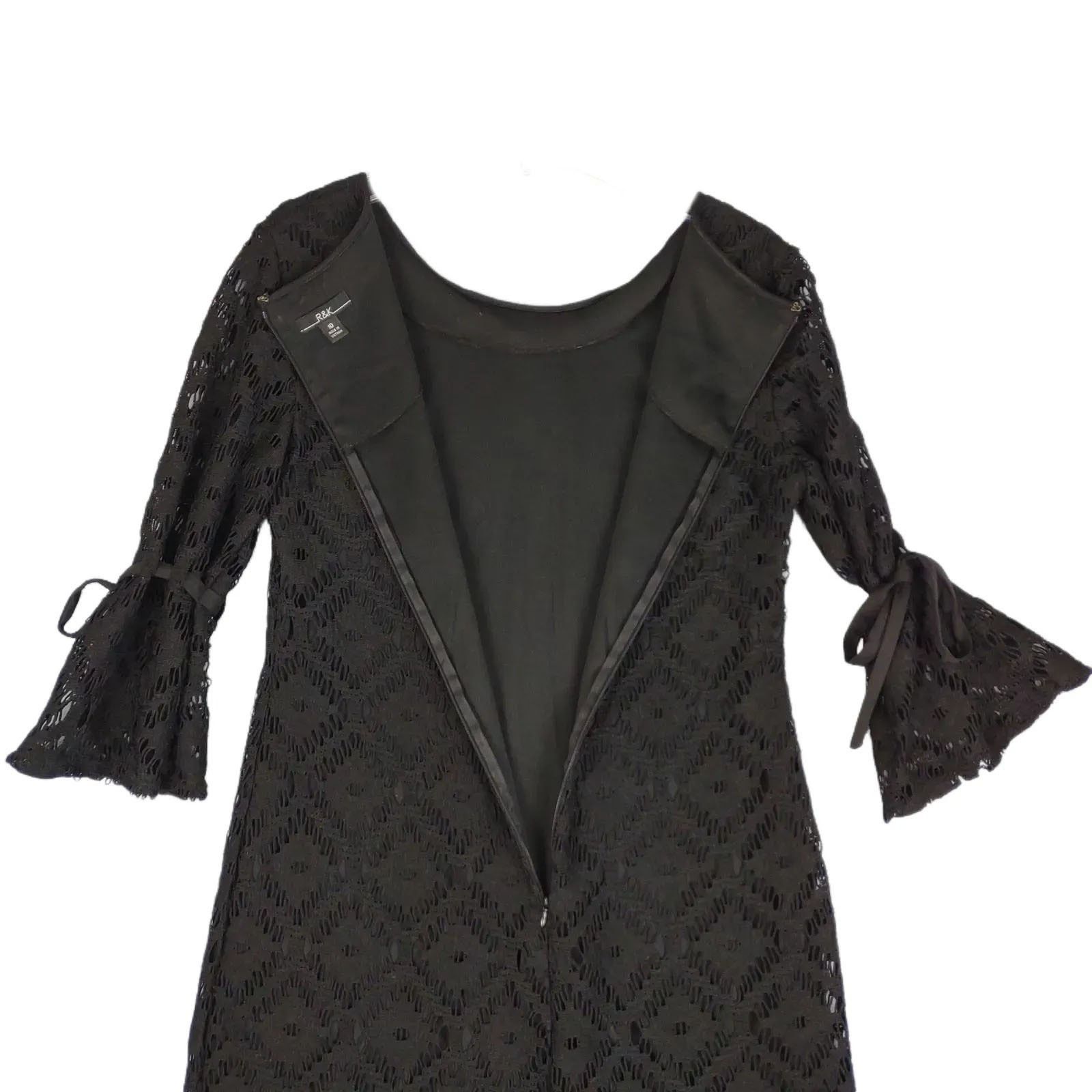 Other R&K Sz 10 Black Geometric Lace Tied Bell Sleeve Shift Dress Size L / US 10 / IT 46 - 3 Thumbnail