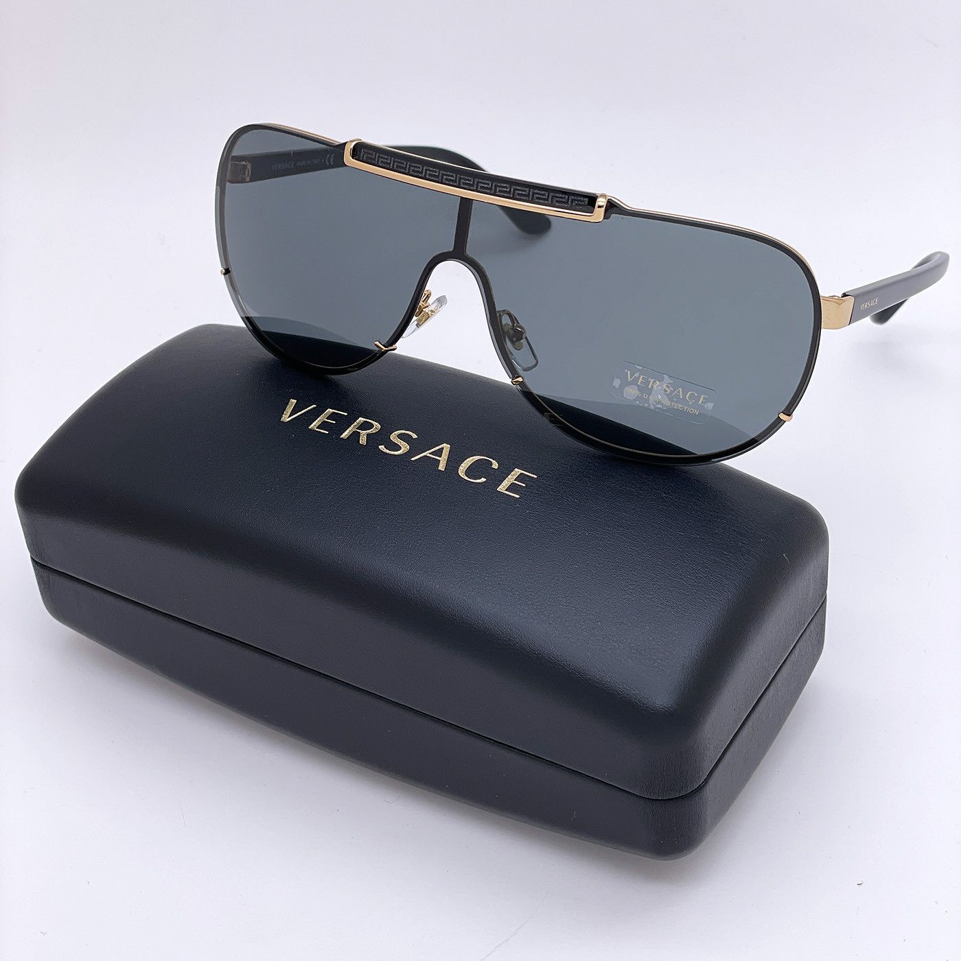 image of New Versace Ve2140 100287 Mirrored Shield Unisex Sunglasses in Black/Grey, Women's