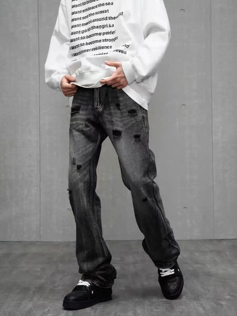 image of High Street Ripped Black And Gray Bootcut Jeans in Black/Gray, Men's (Size 32)
