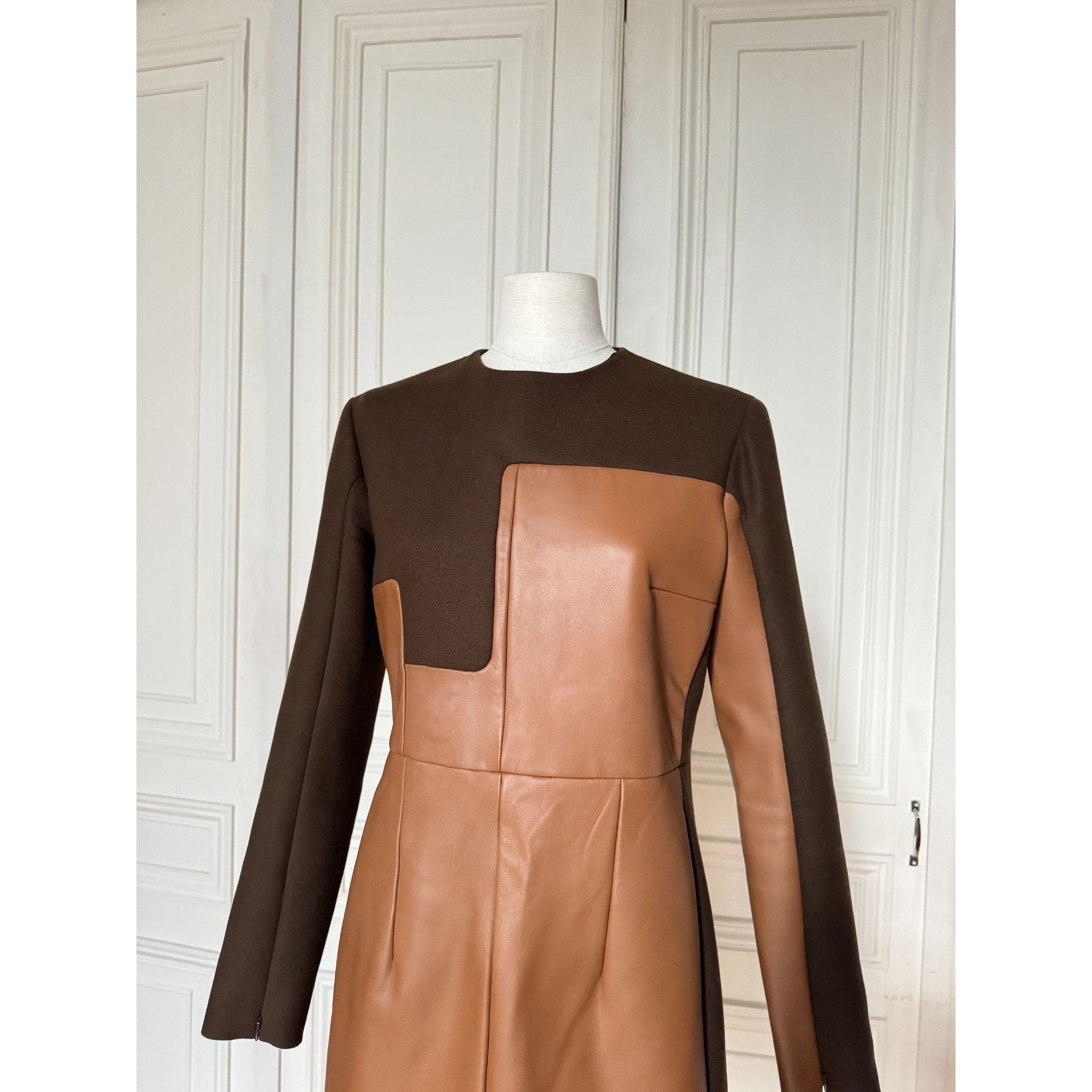 Celine FW 2011 Brown Wool & Buffalo Leather Dress Size M / US 6-8 / IT 42-44 - 3 Thumbnail