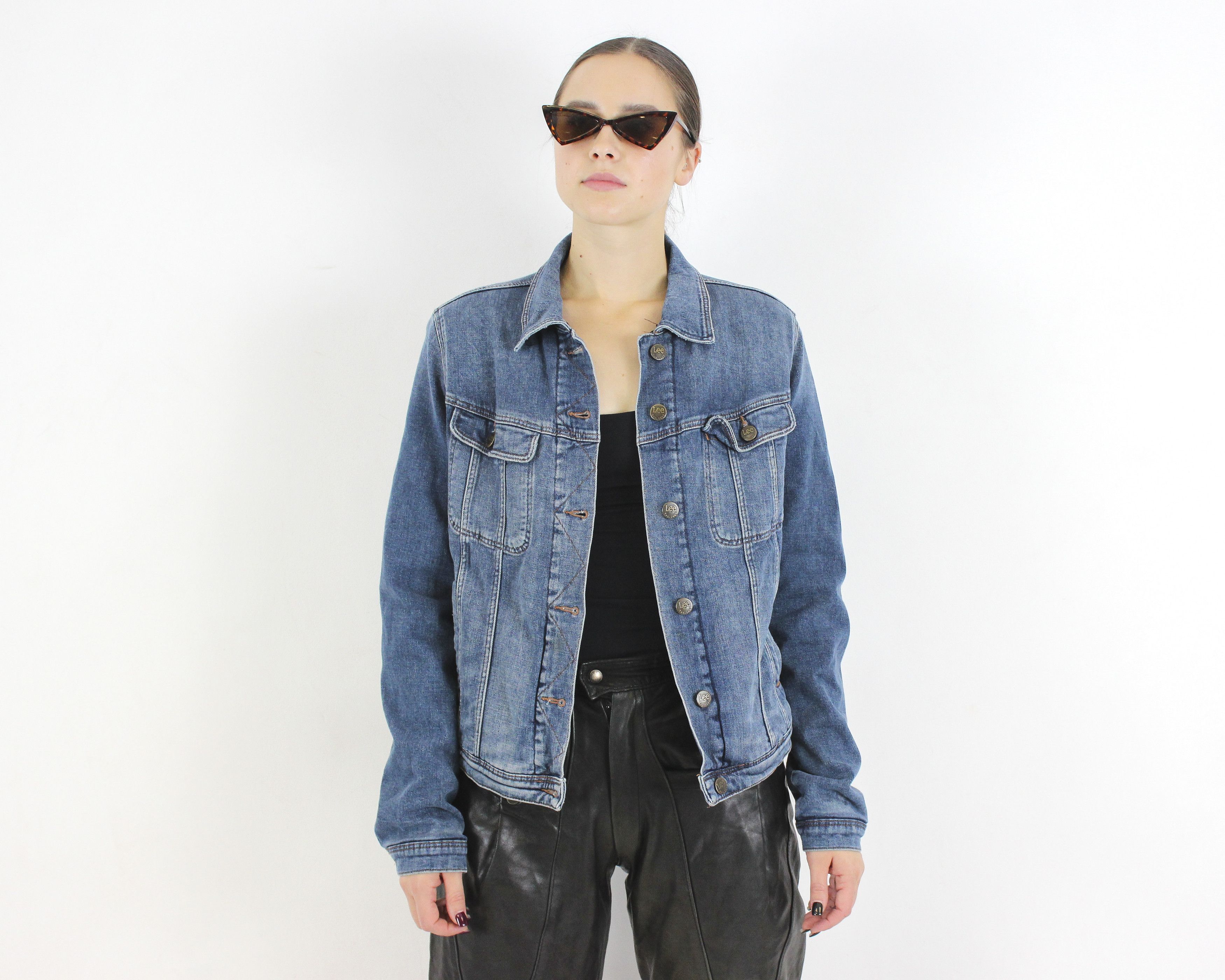 Lee × Vintage Women L Denim Jacket Blue Top Jean Blazer Padded Button Up Size L / US 10 / IT 46 - 1 Thumbnail