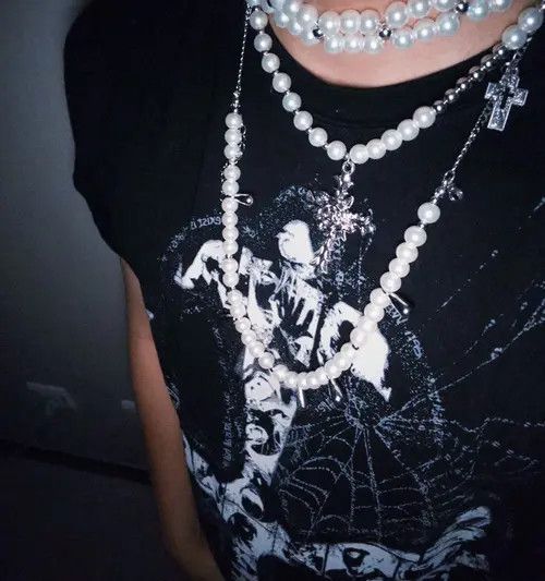 Jewelry White Pearl Cross Charm Layered Necklace, Gothic Jewelry Size ONE SIZE - 6 Thumbnail