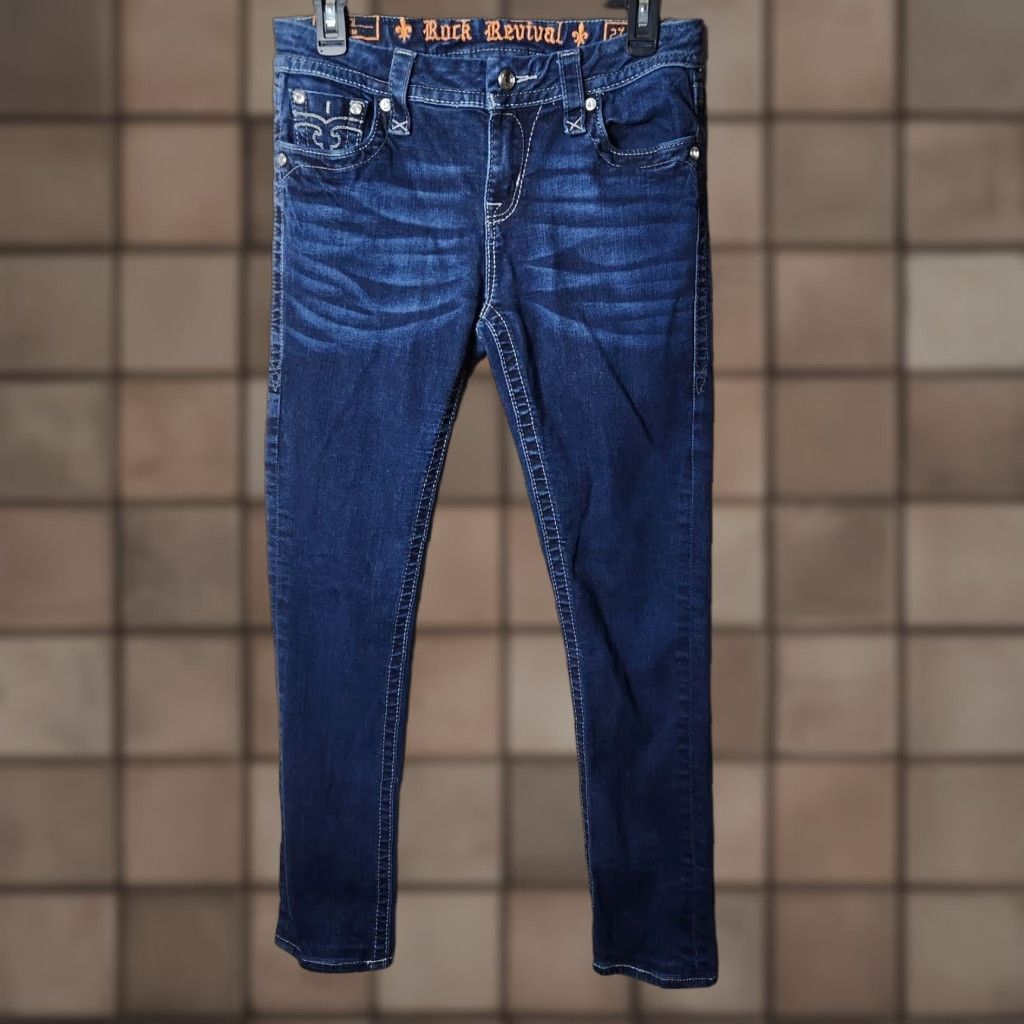 Vintage Rock Revival Jeans Women's Skinny Midrise Flap Pocket Dark Blue 27 Size 27" / US 4 / IT 40 - 1 Thumbnail