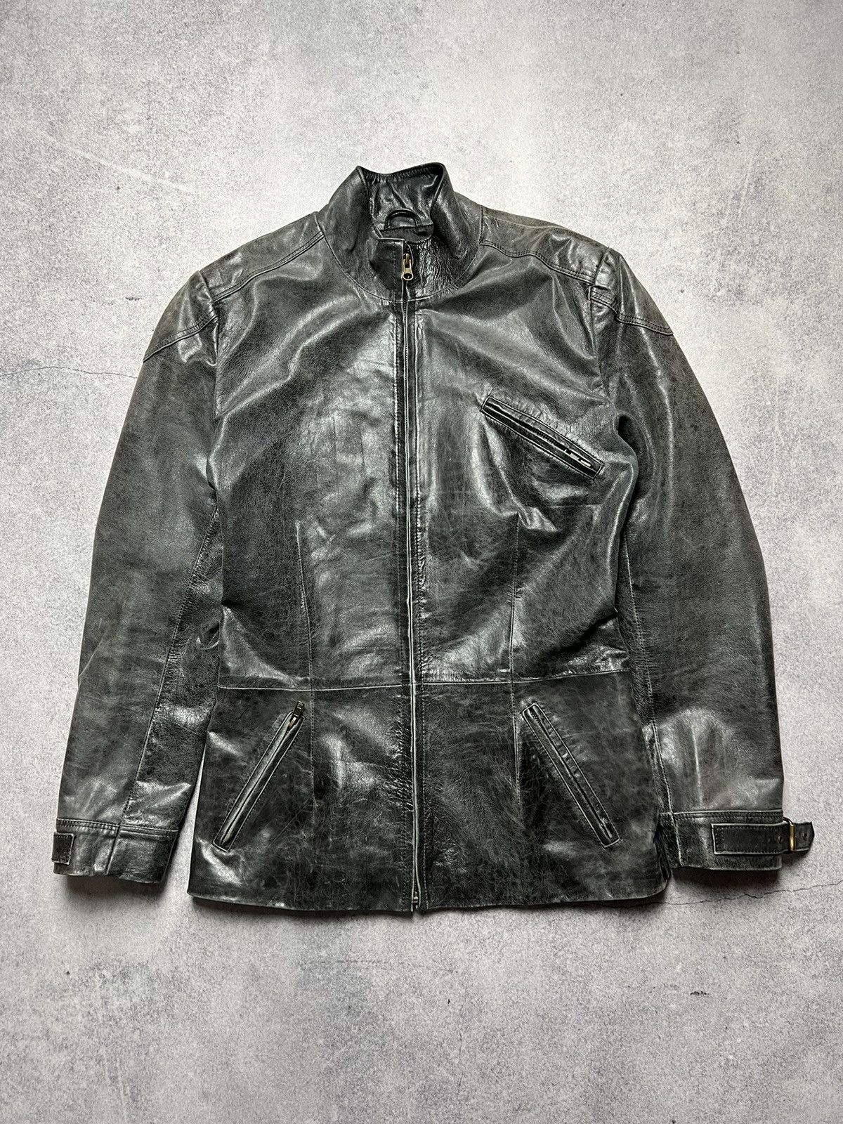 Japanese Brand Vintage Leather Faded Asymmetrical Rick Owens Style Jacket Size S / US 4 / IT 40 - 1 Thumbnail