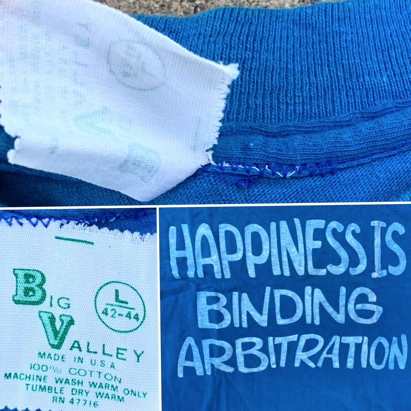 Vintage VINTAGE Happiness Is Binding Arbitration t shirt Big Valley Mens Large Blue Cotton Graphic Tee 70s 80s RN 47716 Size US L / EU 52-54 / 3 - 7 Thumbnail