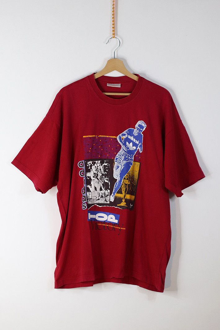 Adidas × Vintage Vintage 90s Adidas T-Shirt – Red Trefoil Running Graphic Tee Size US XL / EU 56 / 4 - 1 Thumbnail