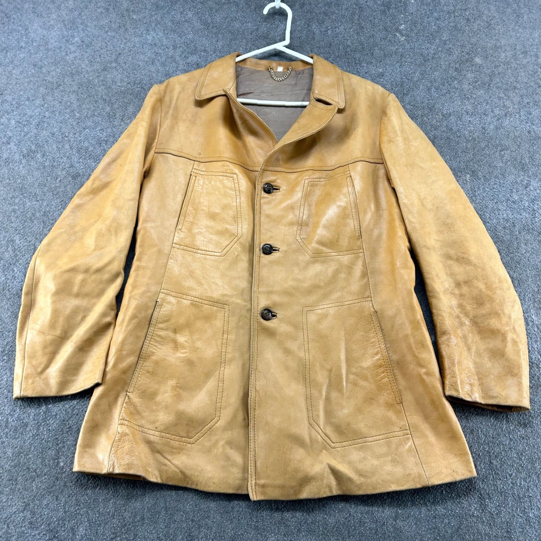 Vintage VINTAGE Leather Coat Mens 42 Brown Blazer Genuine Overcoat 70s 80s Jacket Coat Blazer Leather Single-Breasted Three-Button Notch Lapel Vintage Mens Size 42R - 4 Thumbnail