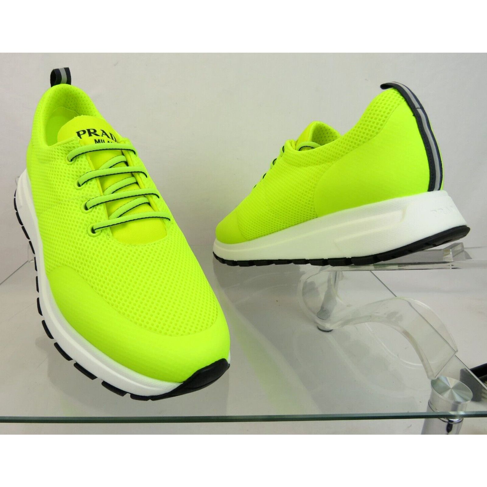image of Prada 4E3499 Neon Yellow Mesh Black Logo Low Sneakers 10.5 Us 11.5, Men's