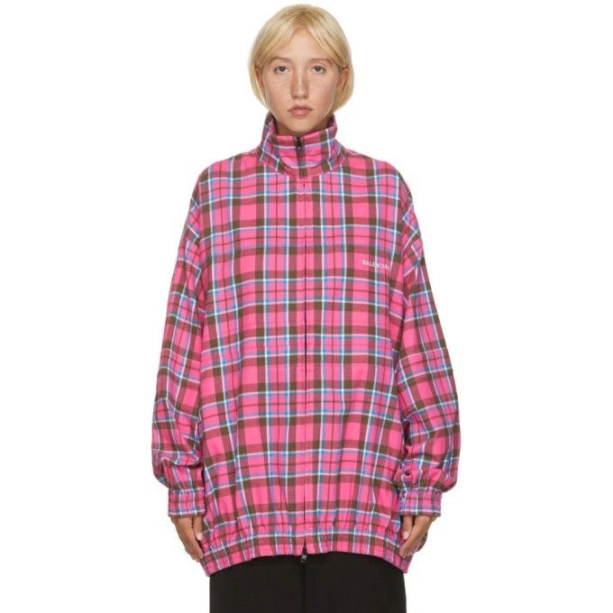 Balenciaga Pink Plaid Oversized Flannel Zip Up Jacket