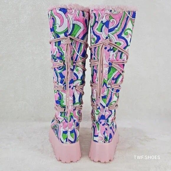 Other Winter Stomper 2" Platform Knee Boots Pink Design Fur Trim Size US 10 / IT 40 - 6 Thumbnail