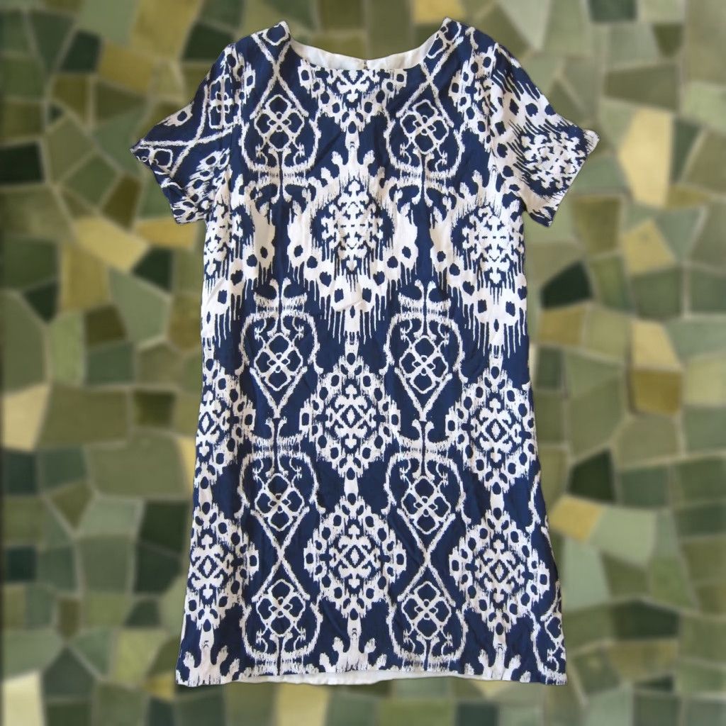 Vintage Lucy Love 100% Rayon Blue White Short Sleeve Tunic Sheath Shift Dress Women XS Size 26" / US 2 / IT 38 - 1 Thumbnail