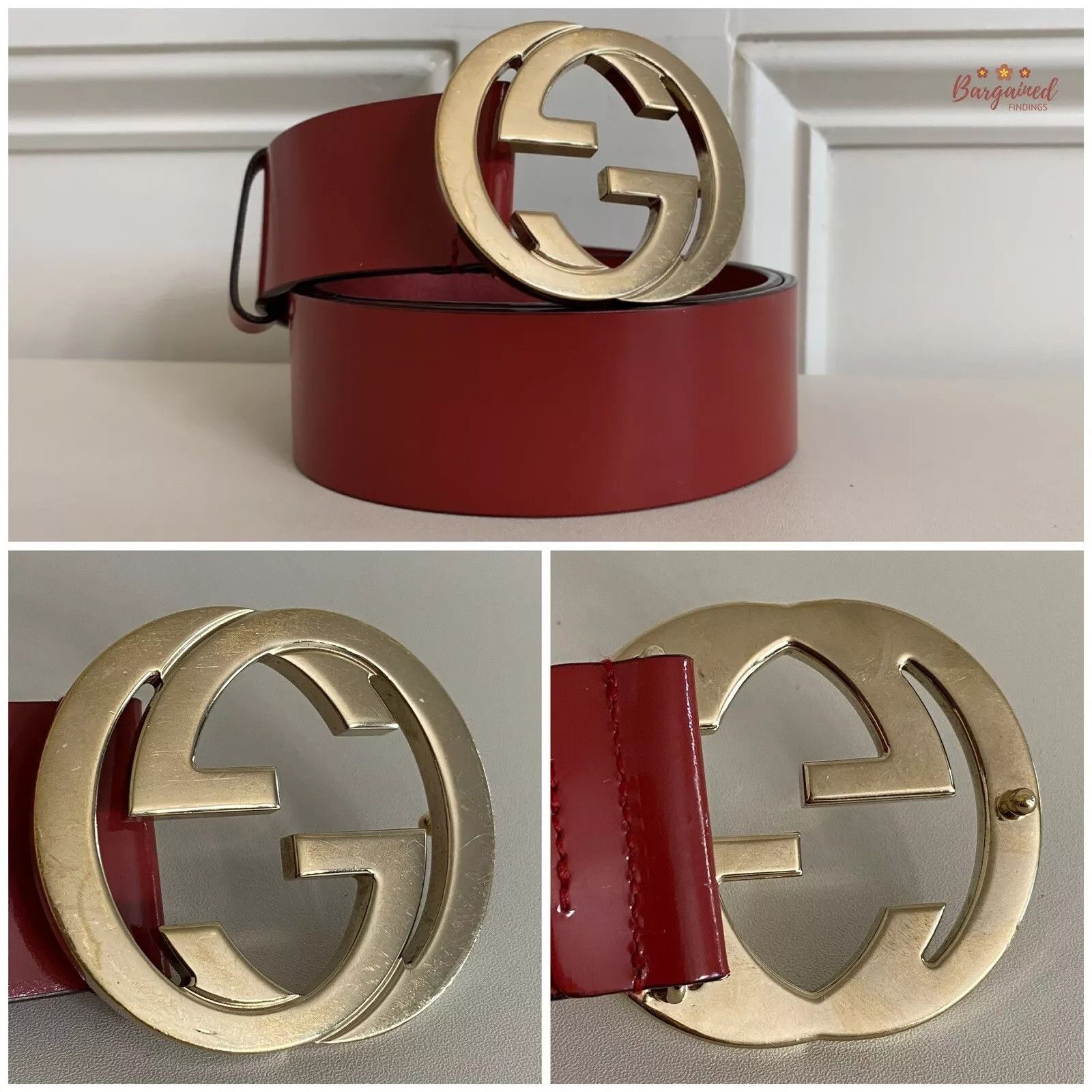 Gucci Gucci Red Coated Leather Gold Interlocking G Buckle Belt Size 30 - 6 Thumbnail