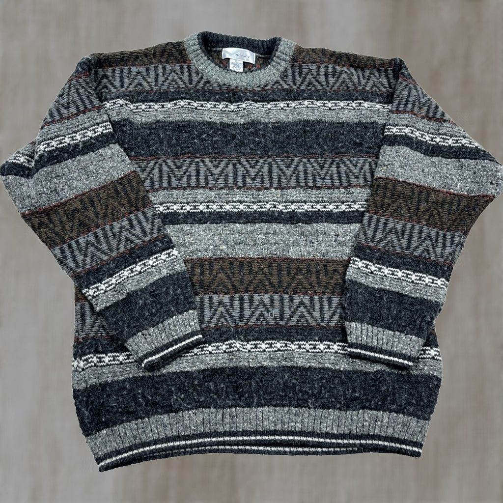 Vintage VINTAGE Gray Geometric Striped Crewneck Wool Blend Grandpa Sweater Large Men Size US L / EU 52-54 / 3 - 1 Thumbnail
