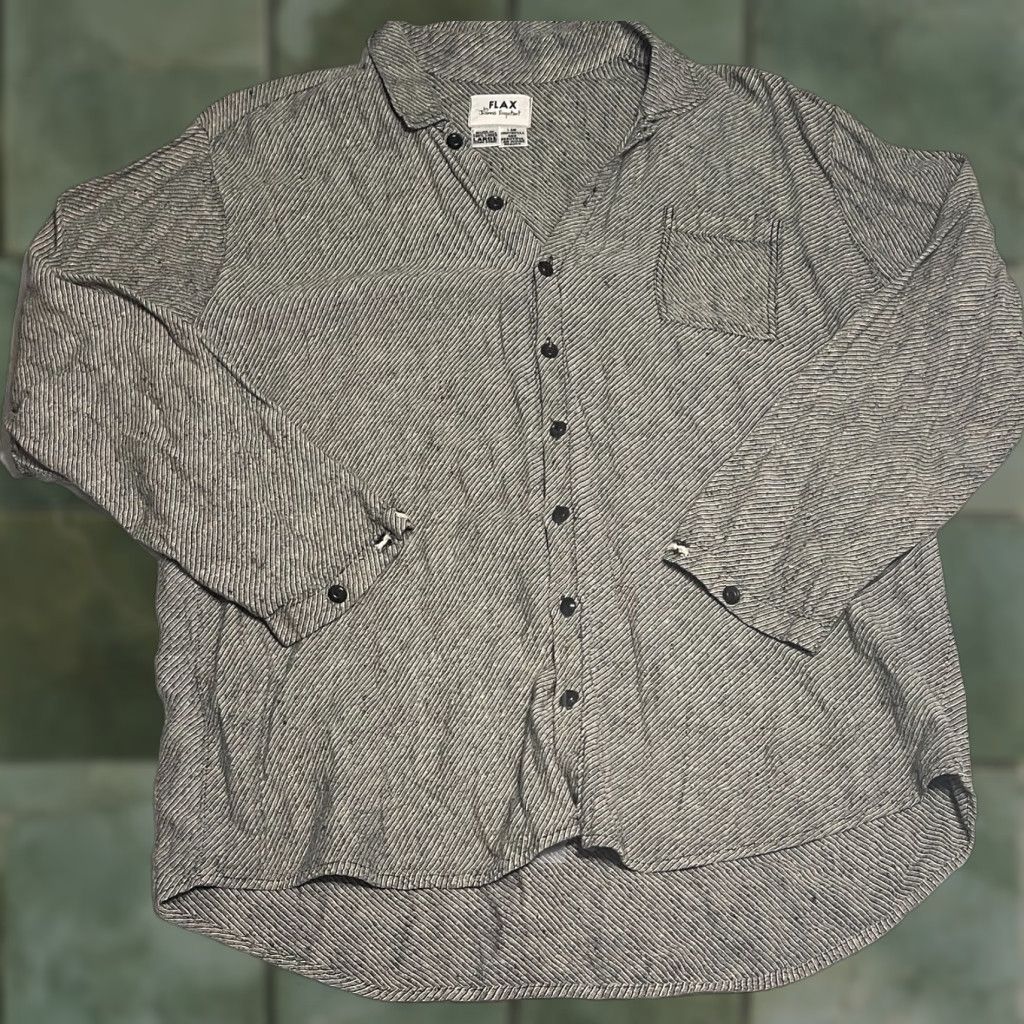FLAX FLAX Shirt L Gray 100% Linen Button-Up Nautical Feminine Pockets Wrinkle-Resistant Classic Round Neck Long Sleeve Striped Designer Womens Size L / US 10 / IT 46 - 1 Thumbnail