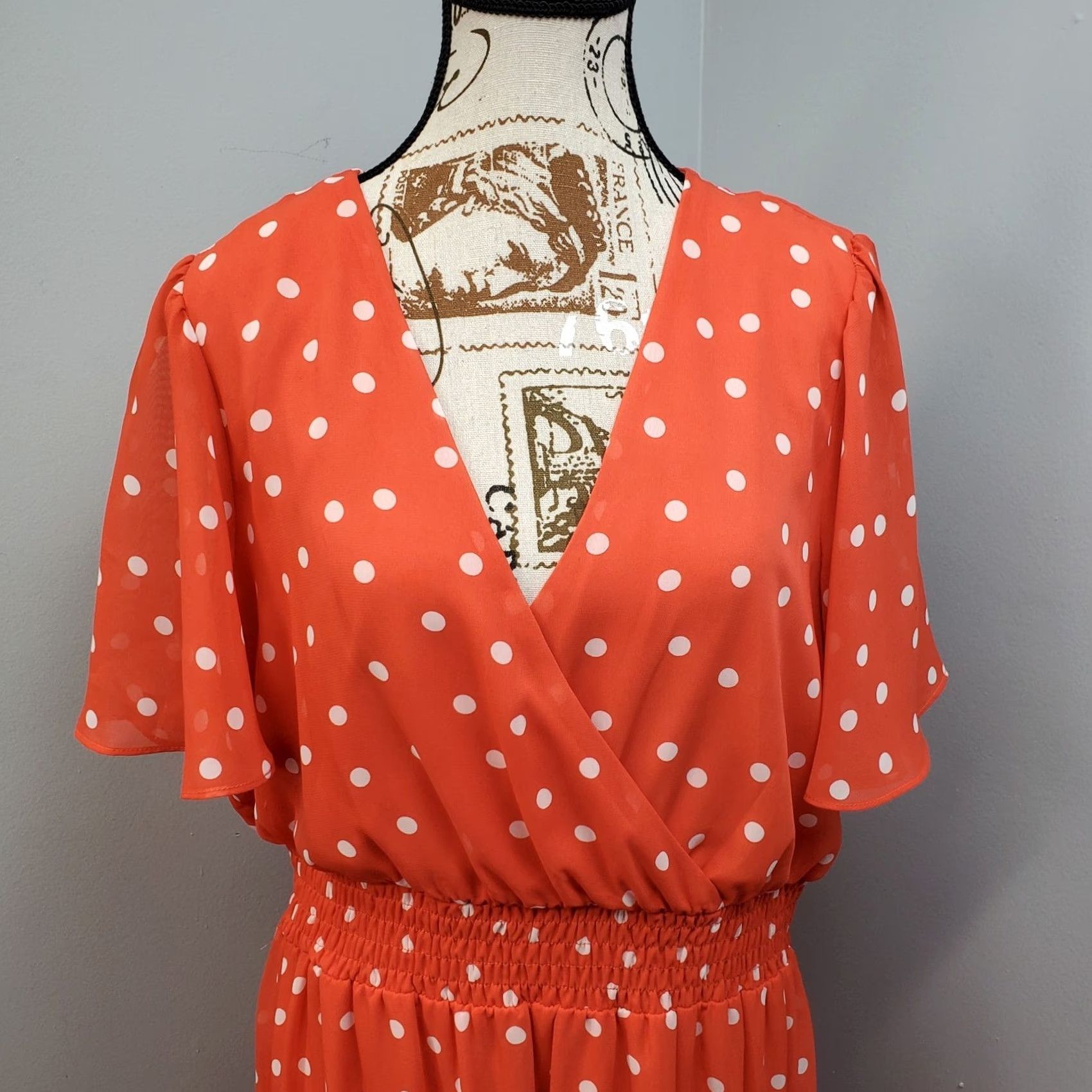 Vintage Danny & Nicole Womens Dress 16 Orange White Polka Dot Smocked Waist Midi Short Sleeve Flutter Sleeve V-Neck Dress Size XXL / US 16-18 / IT 52-54 - 6 Thumbnail