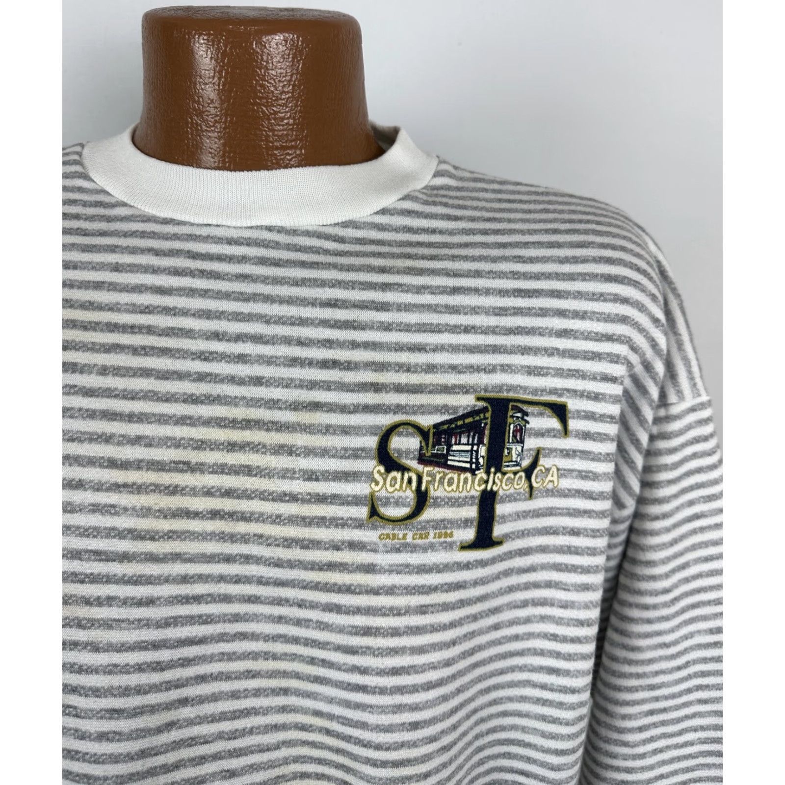 Etro VINTAGE San Francisco Sweatshirt XL Striped 90s USA Men Gray Pullover Knit Cotton Blend Polyester Stains Size US XL / EU 56 / 4 - 2 Thumbnail