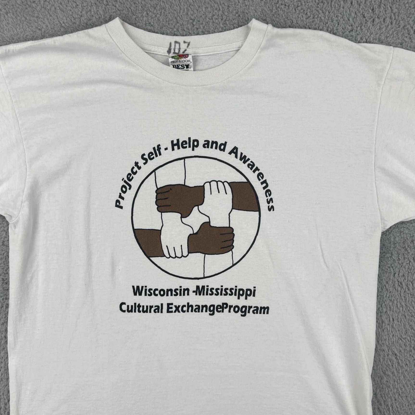 Fruit Of The Loom VINTAGE Fruit of the Loom White T Shirt Mens XL Wisconsin to Mississippi Cultural Exchange Graphic Tee 1990s Short Sleeve Cotton Size US XL / EU 56 / 4 - 6 Thumbnail