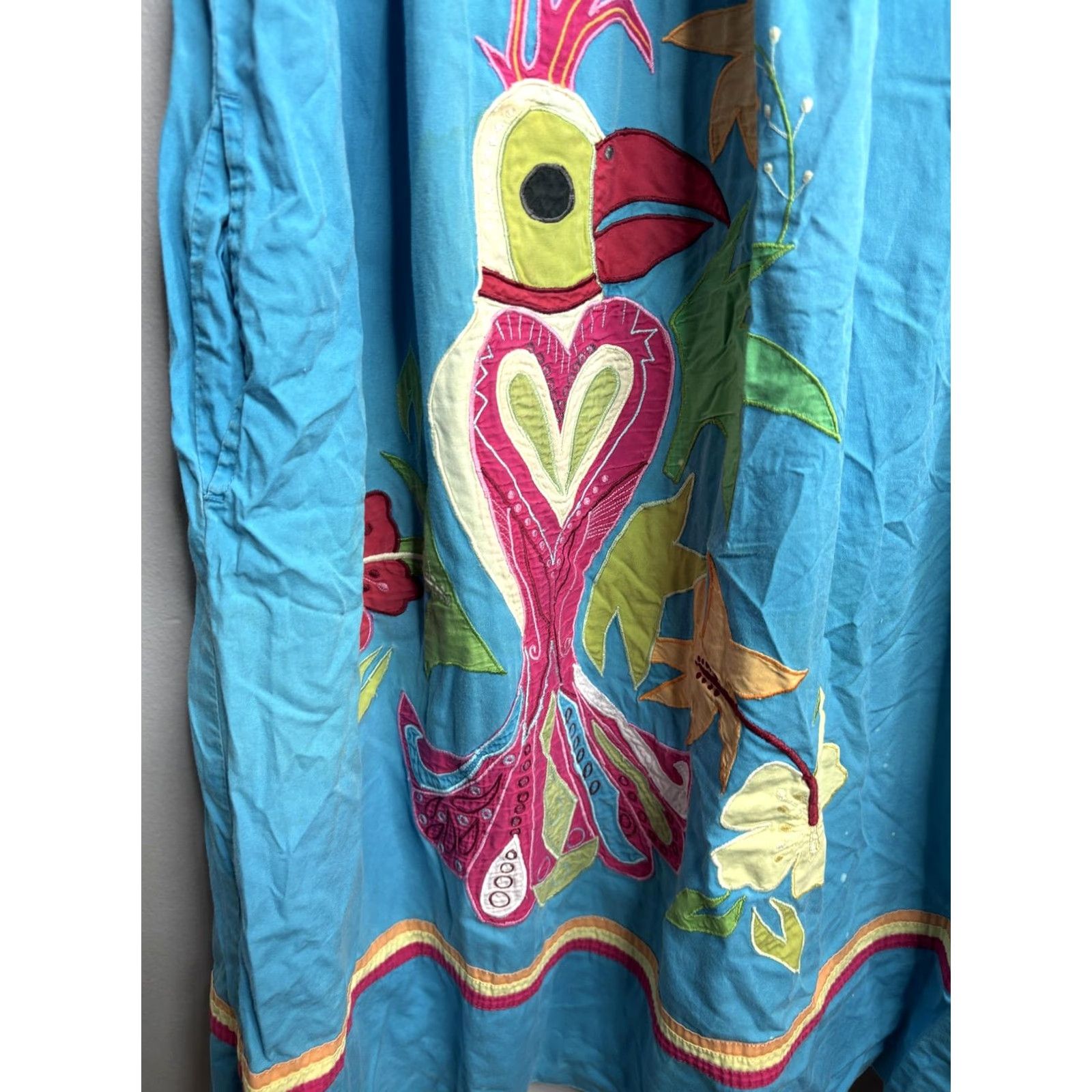 Vintage Go Softly Patio Dress Womens Small Blue Parrot Embroidered Boho Floral Pocket Cotton Size S / US 4 / IT 40 - 2 Thumbnail