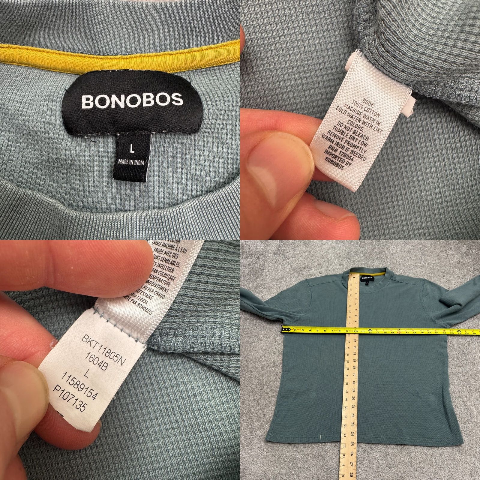 Bonobos Bonobos Green Cotton Crew Tee Long Sleeve Shirt Mens Large Waffle Knit Thermal Regular Fit Vintage No Size US L / EU 52-54 / 3 - 8 Thumbnail