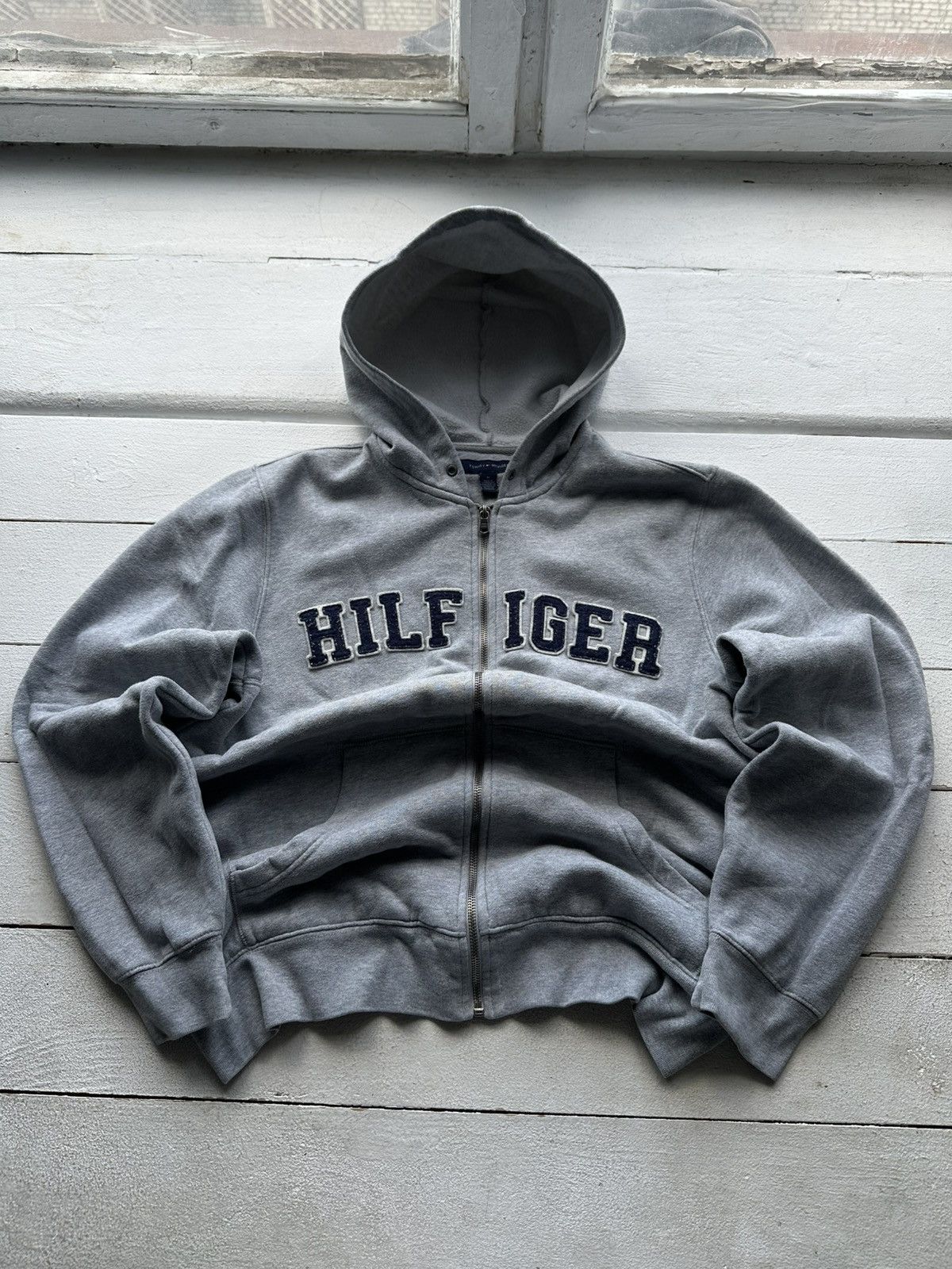 🚨TOMMY HILFIGER BOXY BIG LOGO ZIP HOODIE SWEATSHIRT MENS Y2k