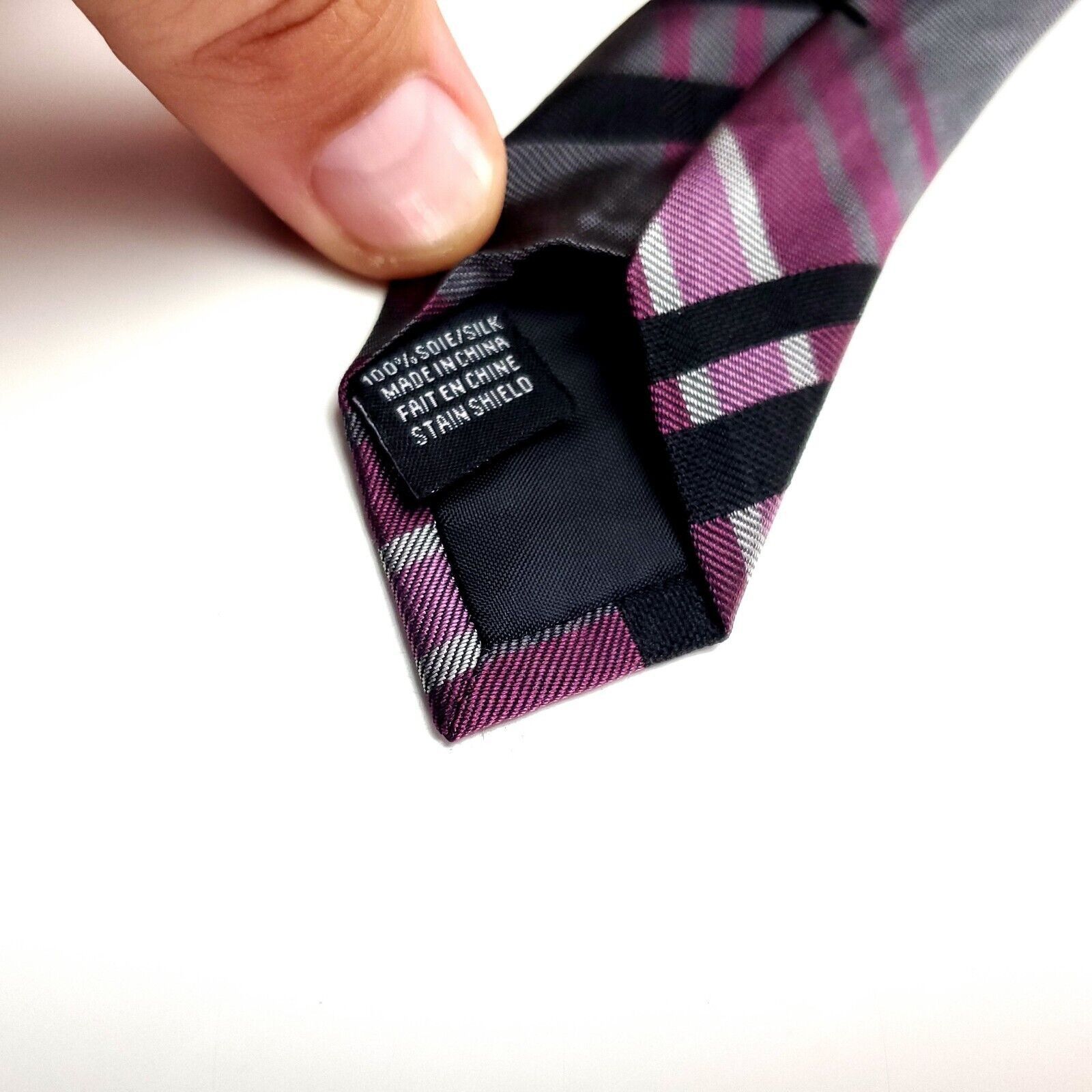 Van Heusen Van Heusen Silk Tie Woven Black Purple Gray Plaid Size ONE SIZE - 4 Thumbnail