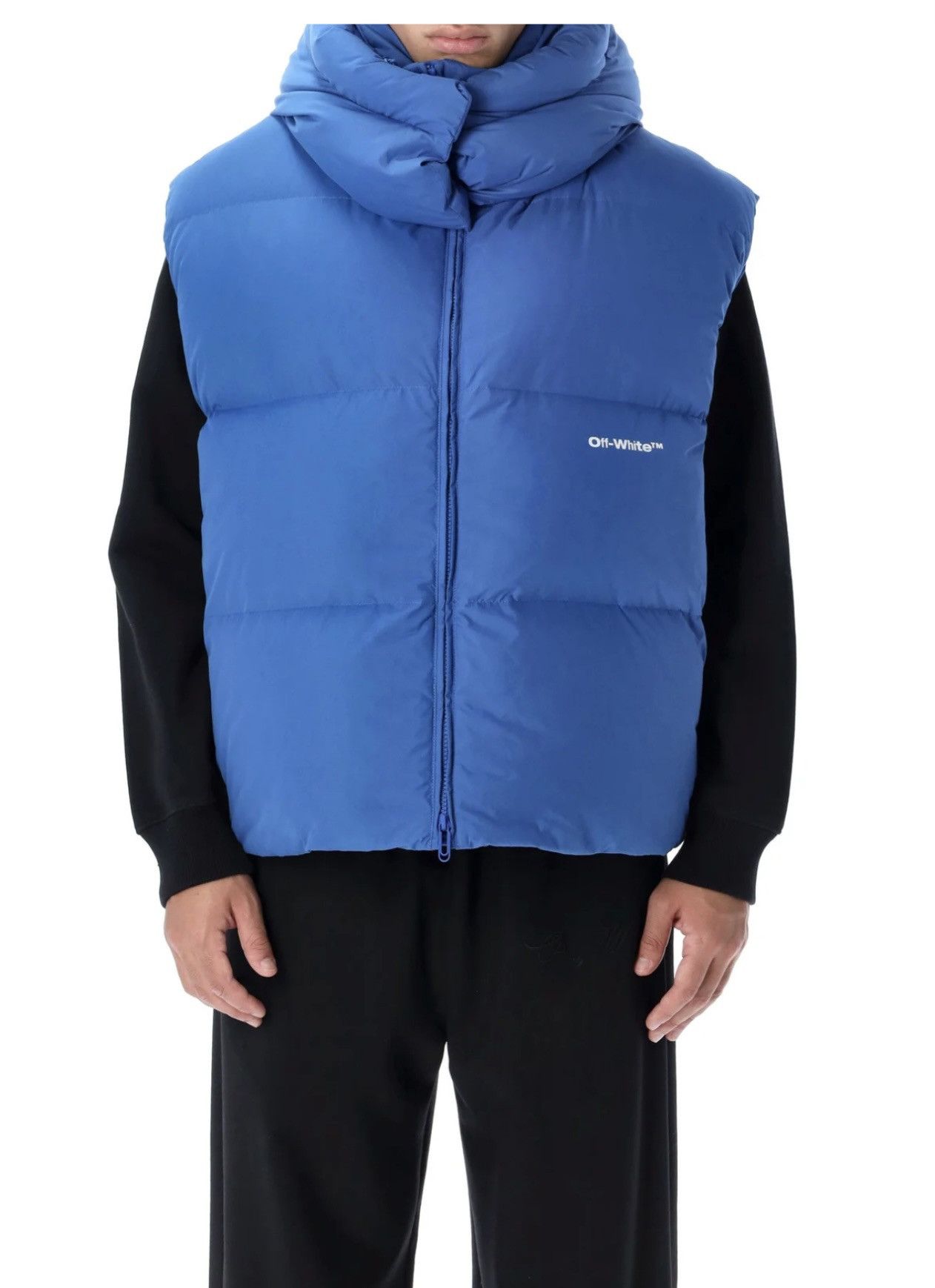 image of Off White Off-White Logo Printed Zip-Up Padded Vest in Blue, Men's (Size Large)
