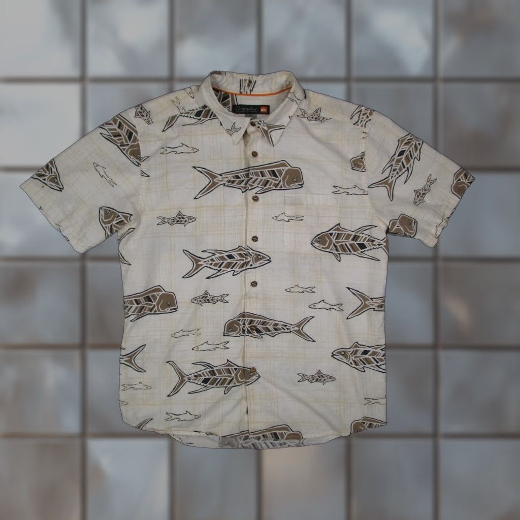 Quiksilver Quiksilver Waterman Shirt Beige Short Sleeve Button-Up Men's XL Hawaiian Fish Geometric Tropical Size US XL / EU 56 / 4 - 1 Thumbnail