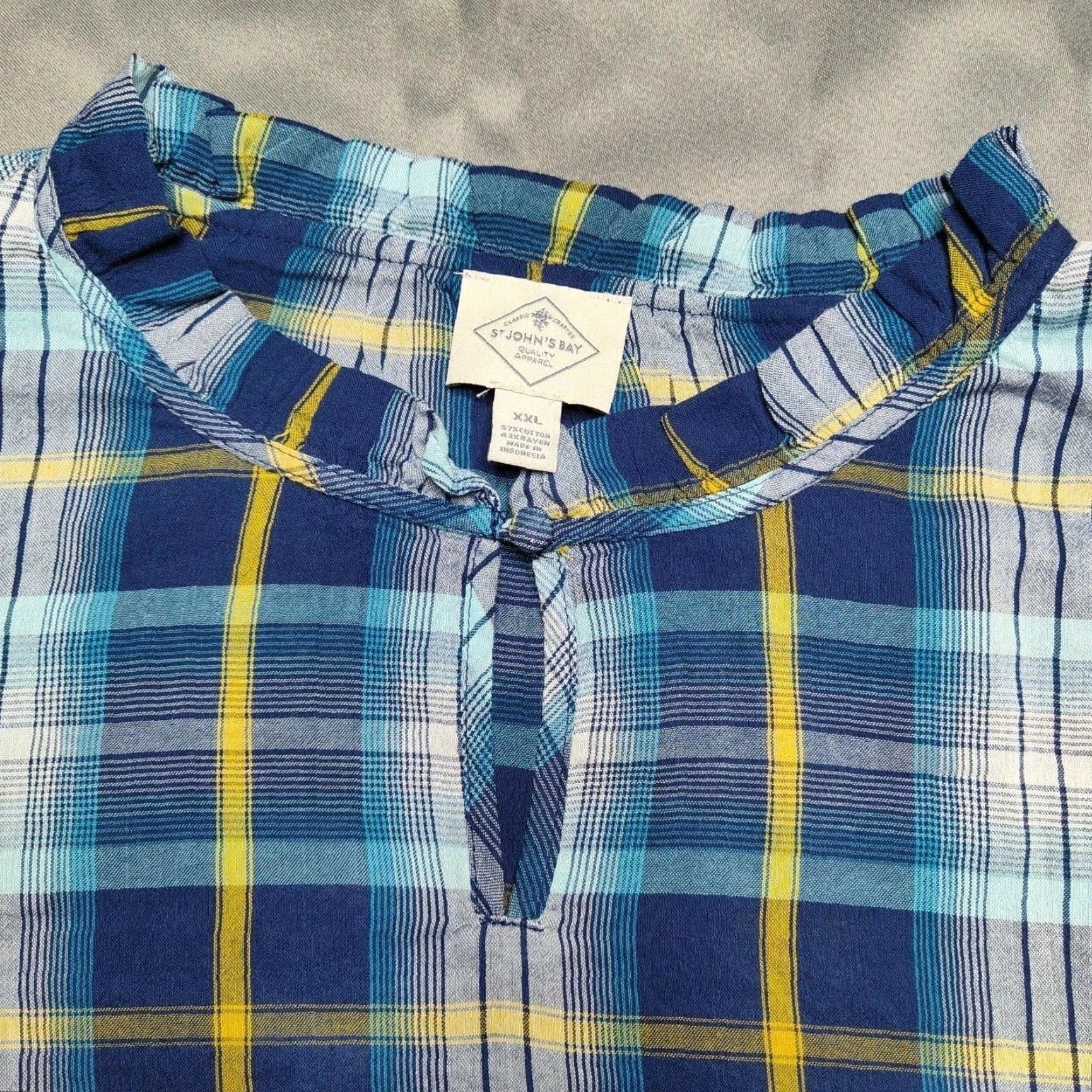 Vintage St. John's Bay Blue Plaid Ruffle Rayon Blend Pullover BOHO Shirt - Women 2XL NEW Size XXL / US 16-18 / IT 52-54 - 2 Thumbnail