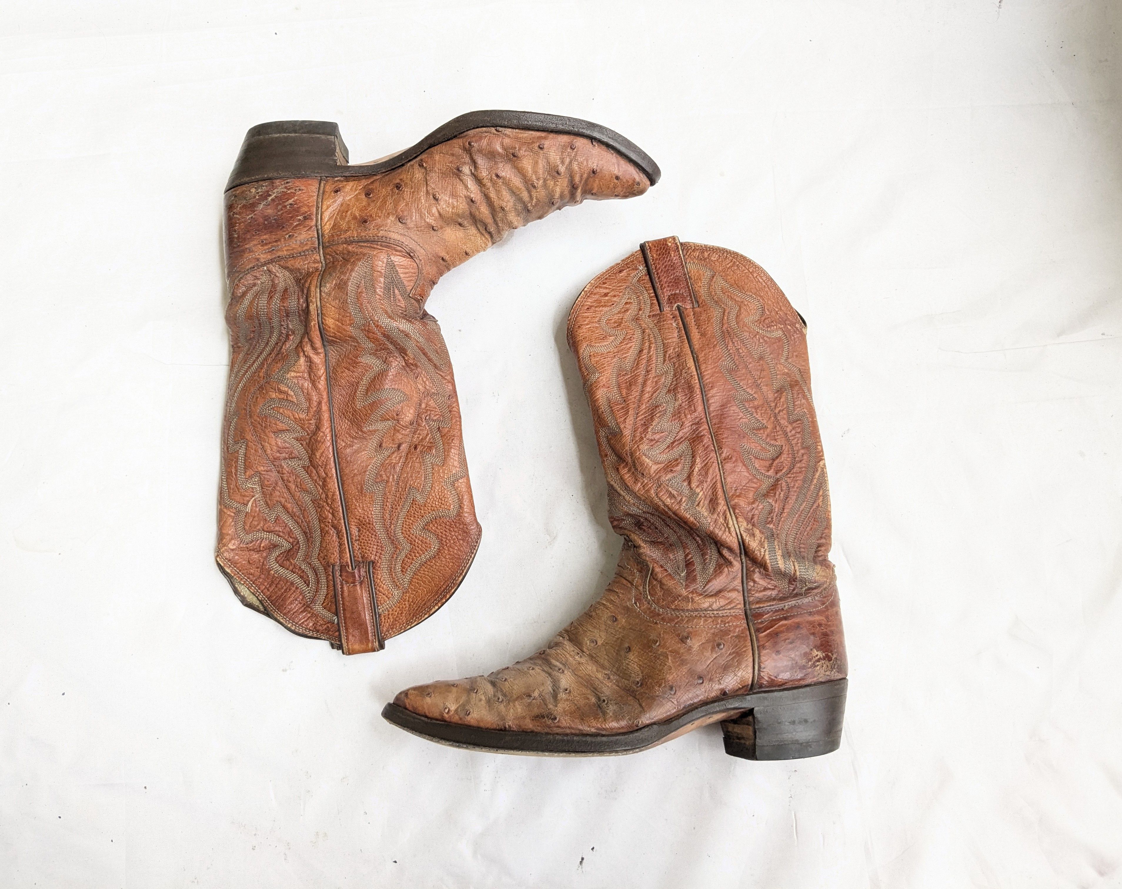 Justin Boots Vintage Justin Cowboy Boots Brown Ostrich Leather 9.5 D Size US 9 / EU 42 - 1 Thumbnail