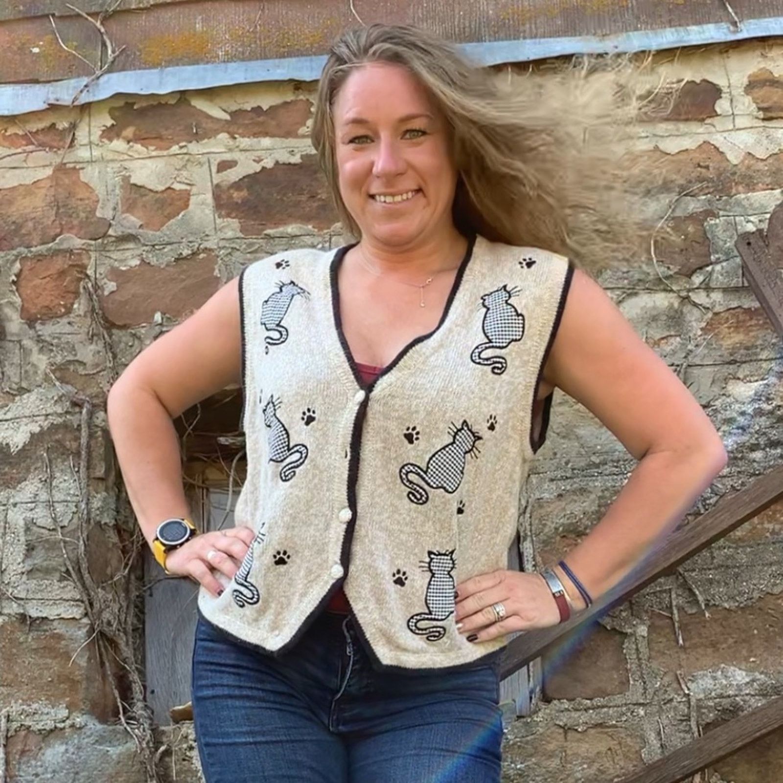 Vintage gingham cats and paw prints sweater vest XL