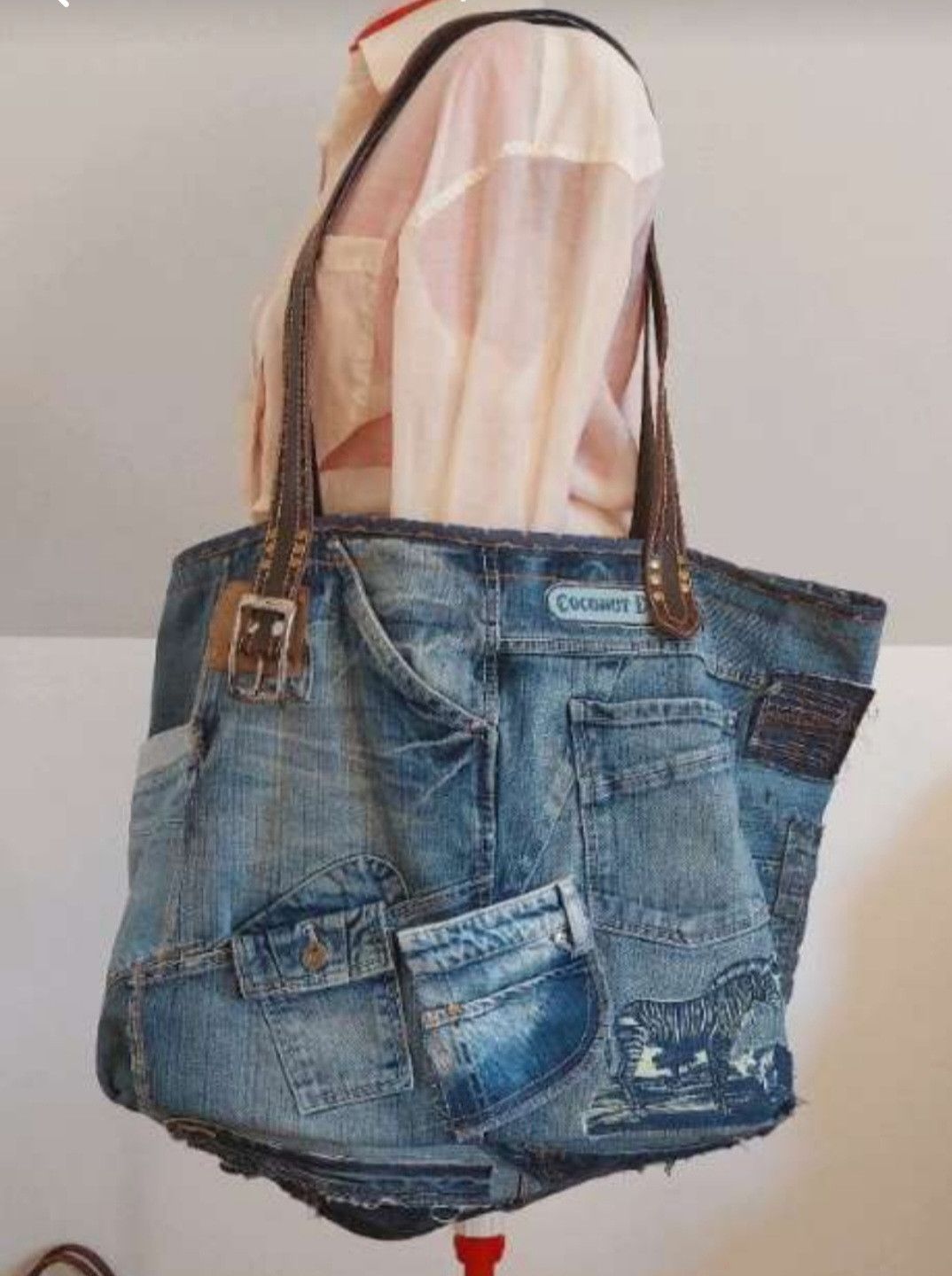 Handmade Heavy Denim Tote with Leather Belt Straps Size ONE SIZE - 1 Thumbnail