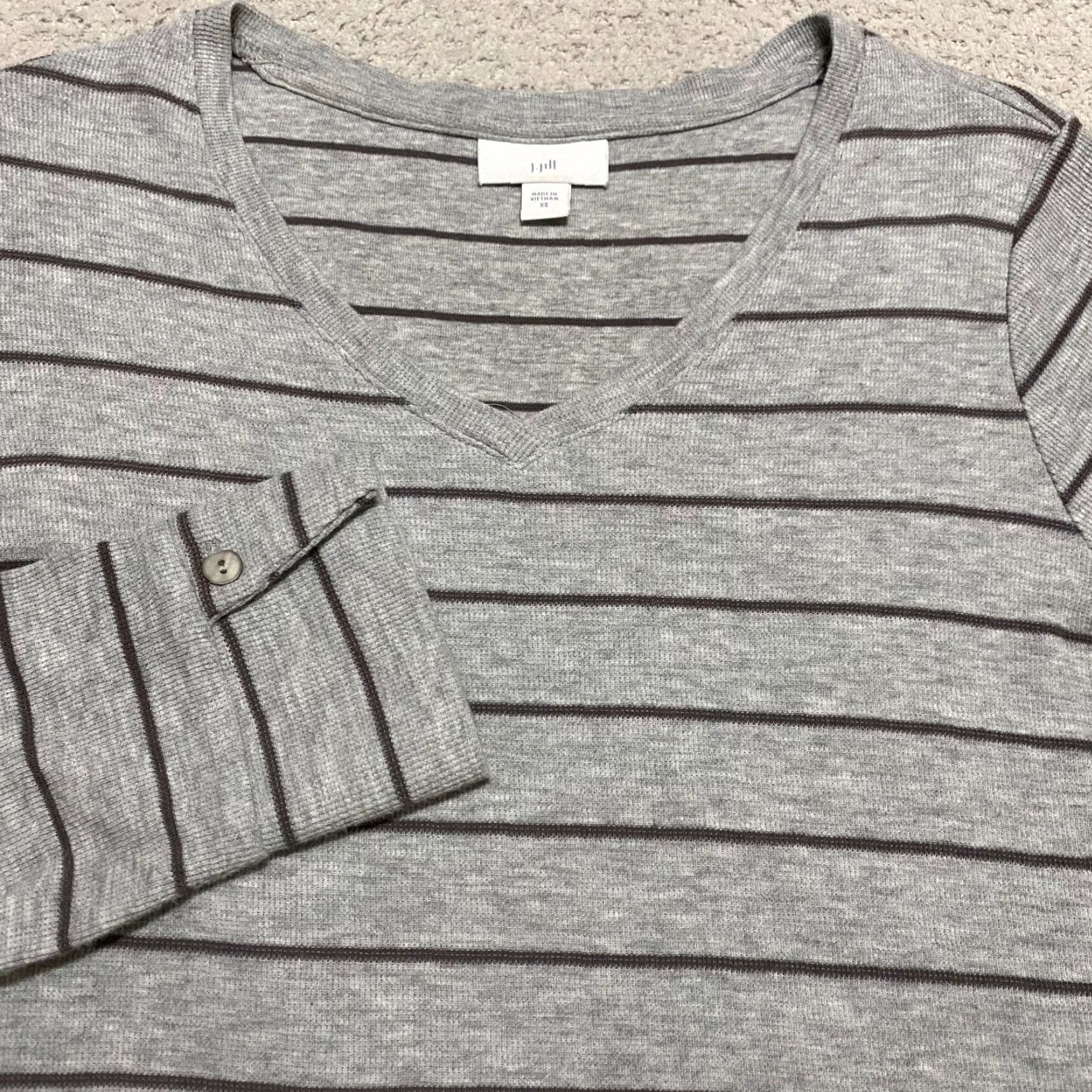 J. Jill J. Jill Womens XS Shirt Gray Striped V Neck Long Sleeve Knit Pockets Cotton Size XS / US 0-2 / IT 36-38 - 4 Thumbnail
