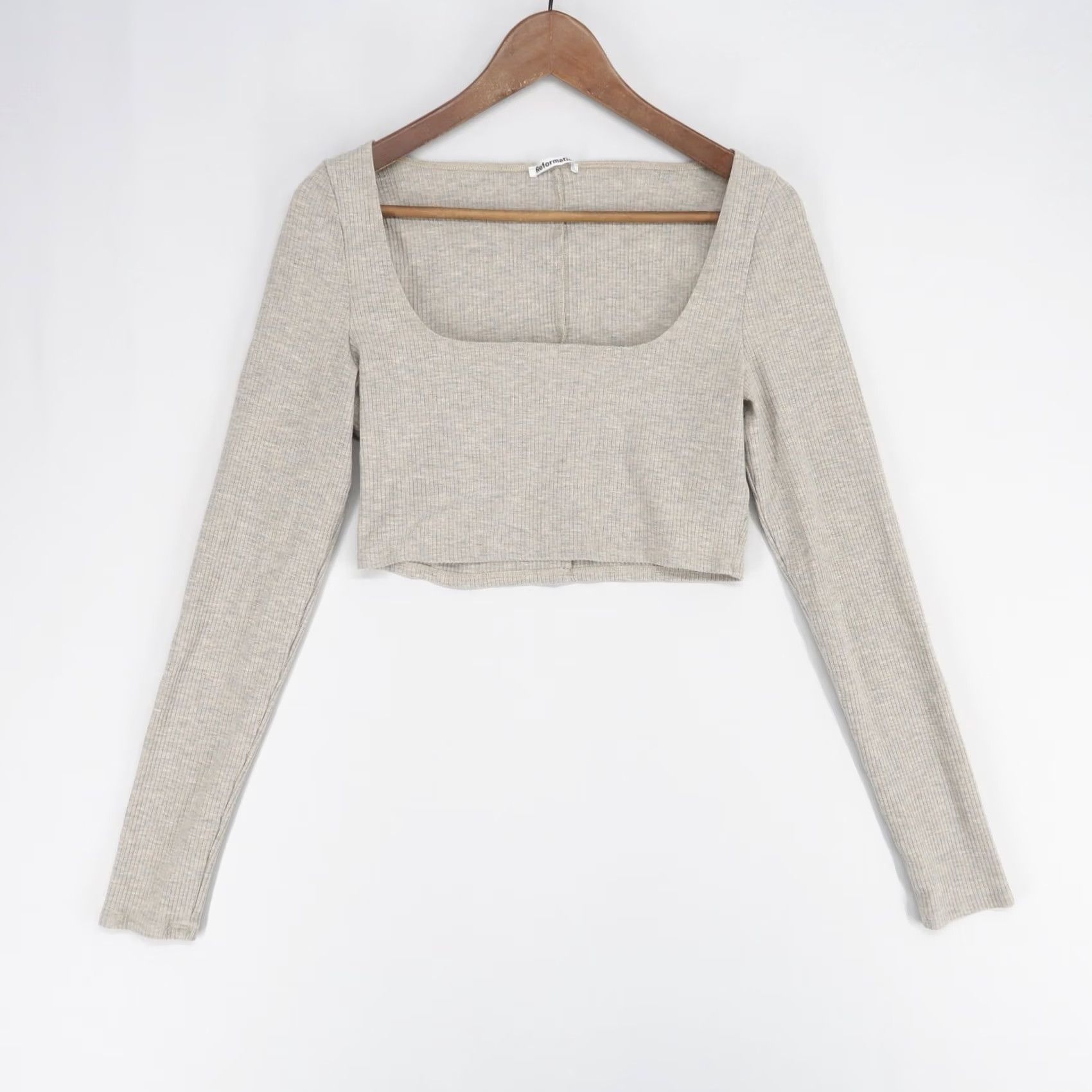 Reformation Reformation Shirt Womens XL Beige Heather Cropped Long Sleeve Square Neck Shirt Size XL / US 12-14 / IT 48-50 - 2 Thumbnail
