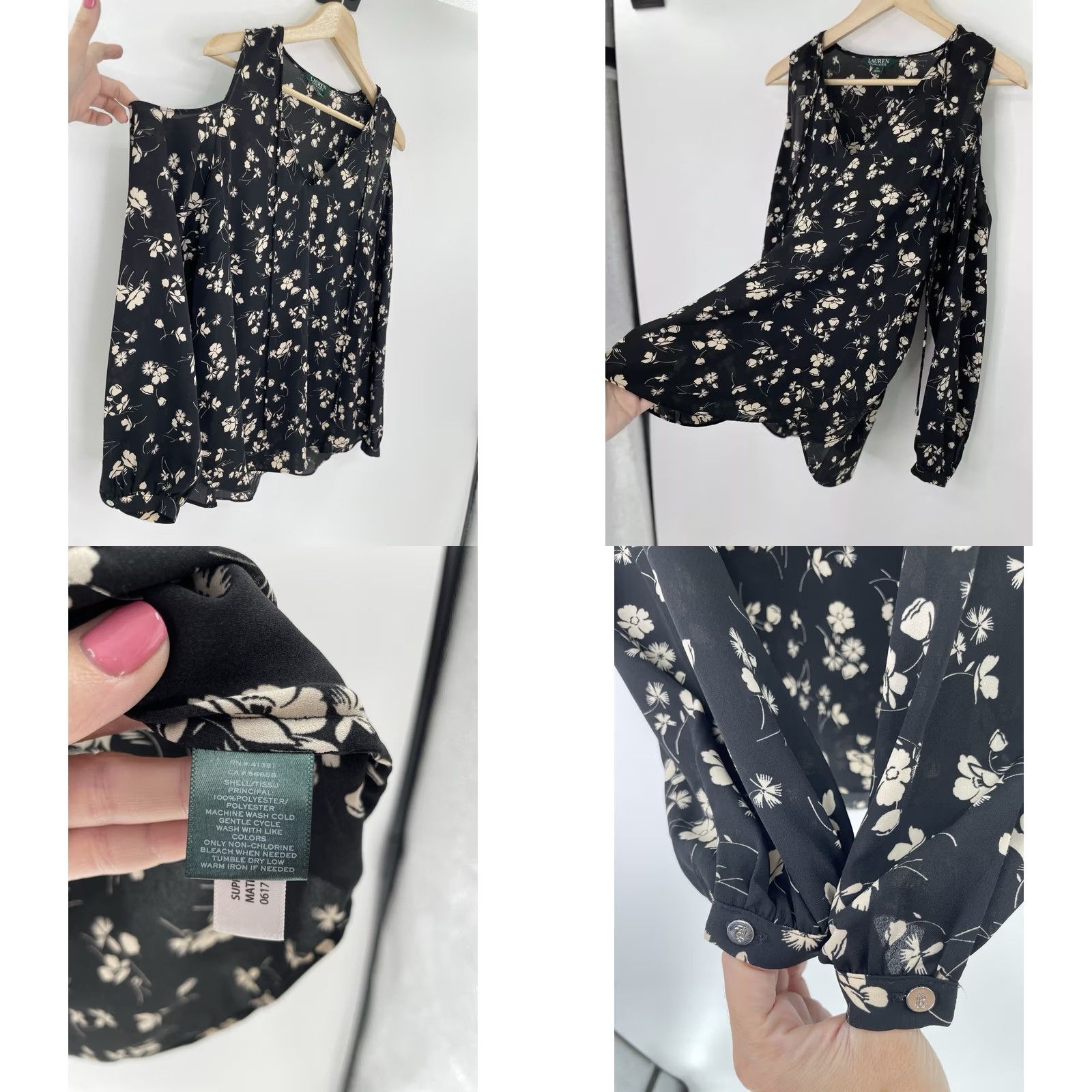 Ralph Lauren Lauren Ralph Lauren Chalsie Black Floral Print Blouse Cold Shoulder Top Size PL Size L / US 10 / IT 46 - 8 Thumbnail
