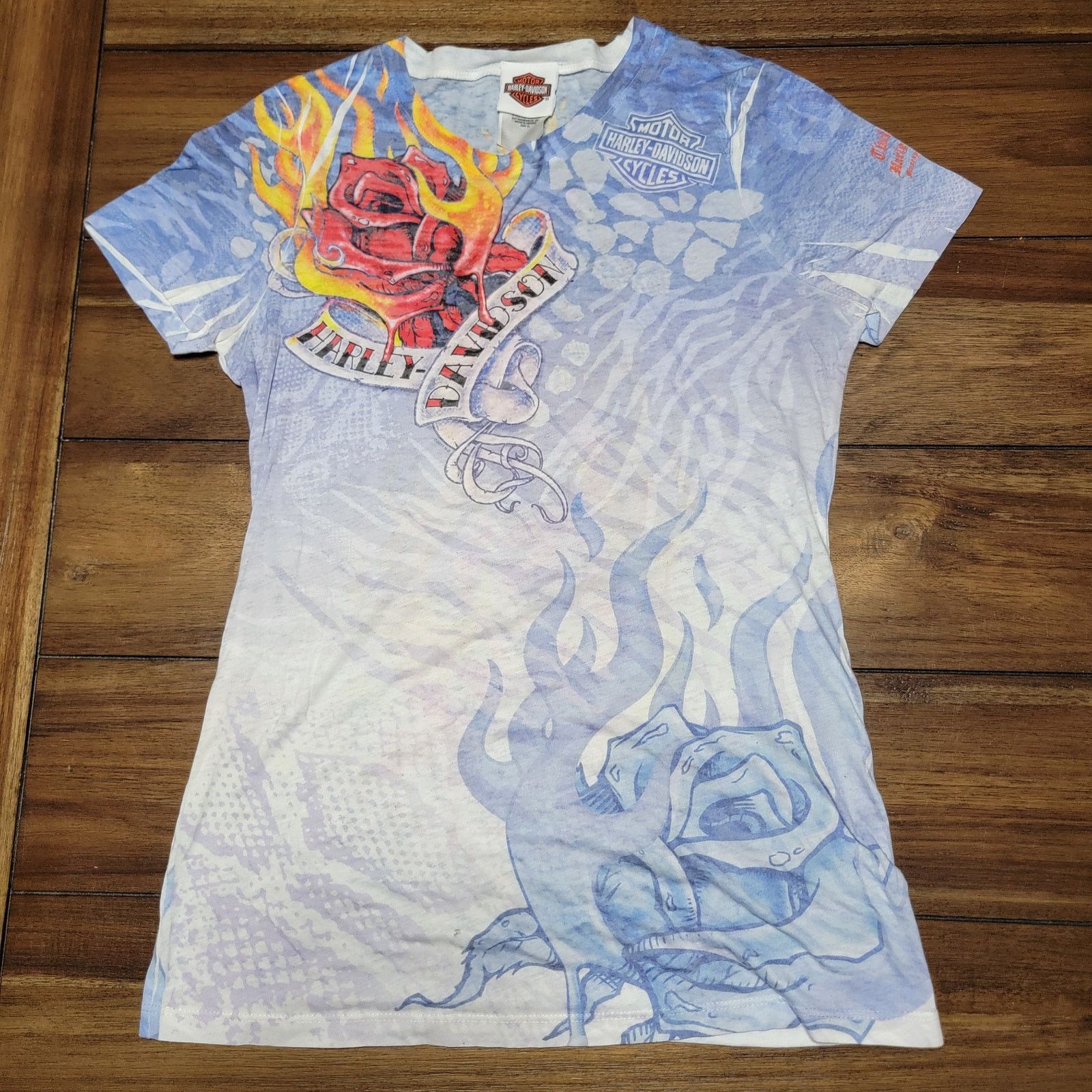 Harley Davidson Harley-Davidson Lt. Blue Blouse Flame Roses - Size Small Size S / US 4 / IT 40 - 1 Thumbnail