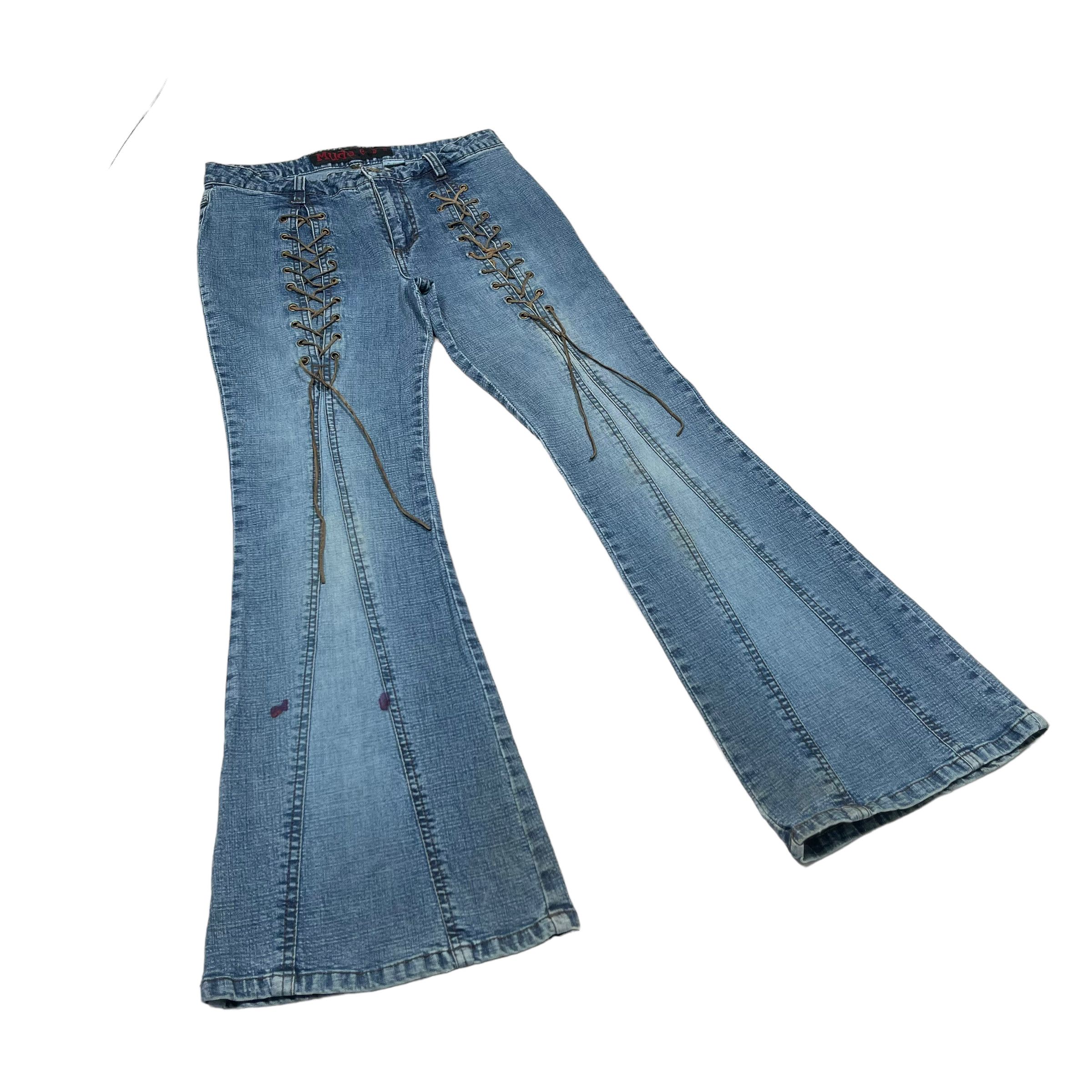 If Six Was Nine × KMRii × Tornado Mart Flare Lace Sick Punk Bell Bottom Denim Jeans Size US 27 - 2 Thumbnail