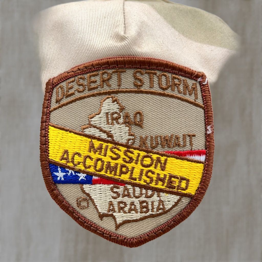 Vintage VINTAGE Desert Storm Hat Cap Snap Back USA Tan Military Army Camo Patch War 90s Mens Adjustable Brown Twill Cotton Hat Size ONE SIZE - 1 Thumbnail