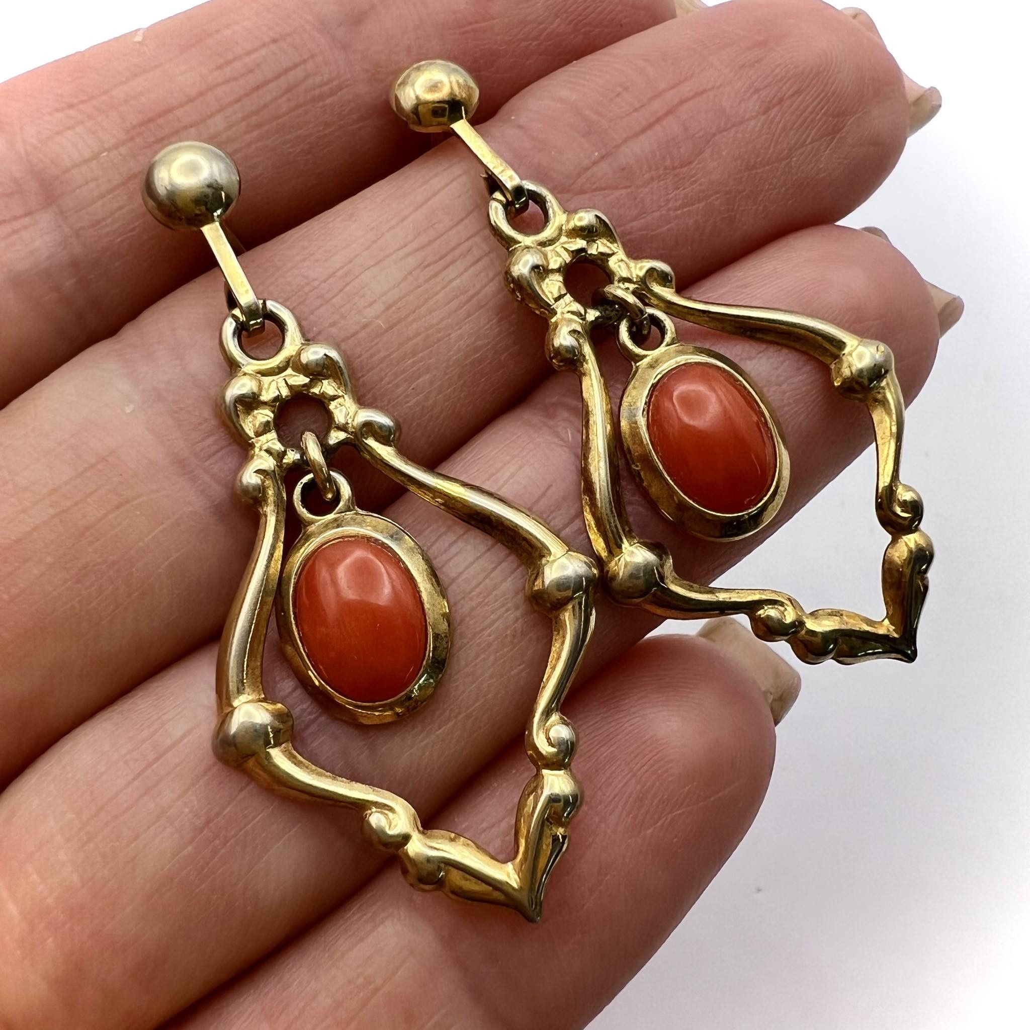 Vintage Gilt Sterling Silver Vintage Earrings Coral Gemstone Signed Size ONE SIZE - 1 Thumbnail