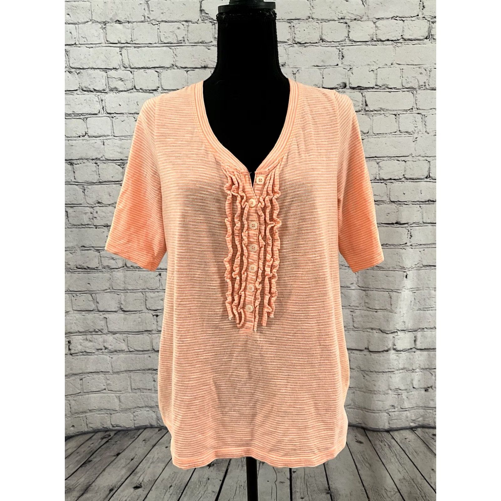 Old Navy Old Navy Orange Creamsicle Striped Ruffled Henly Tee XL Shirt Women Regular V-Neck Pullover T-Shirt Summer Casual Size XL / US 12-14 / IT 48-50 - 4 Thumbnail