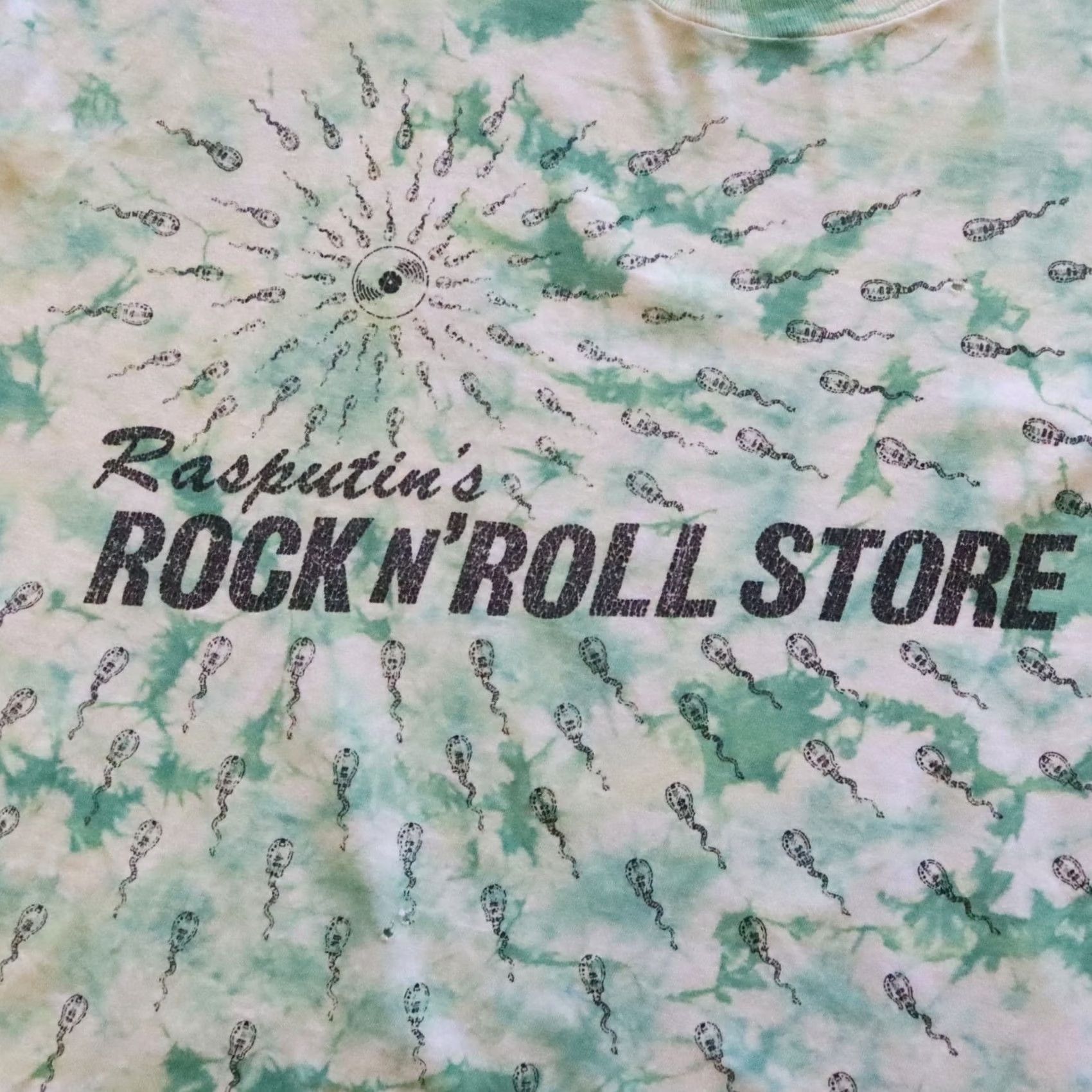 Vintage Rasputin's Vintage T-Shirt Sperm Tye Dye XXL Mens Cotton Green 2XL Shirt Rock N' Roll Store Sperm Tye Dye Tshirt 1980s Mens Size US XXL / EU 58 / 5 - 7 Thumbnail