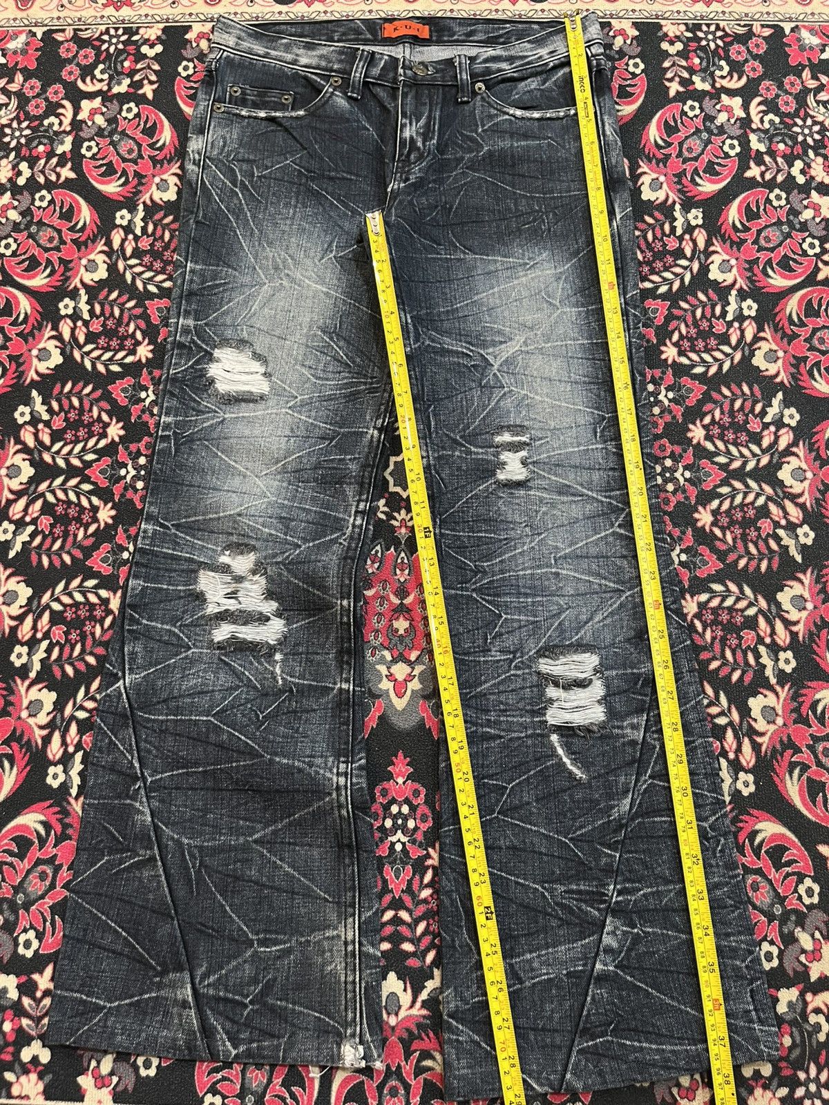 Tornado Mart K.U.I Dark Cracked Washed Distressed Flare Jeans Size US 32 / EU 48 - 10 Thumbnail