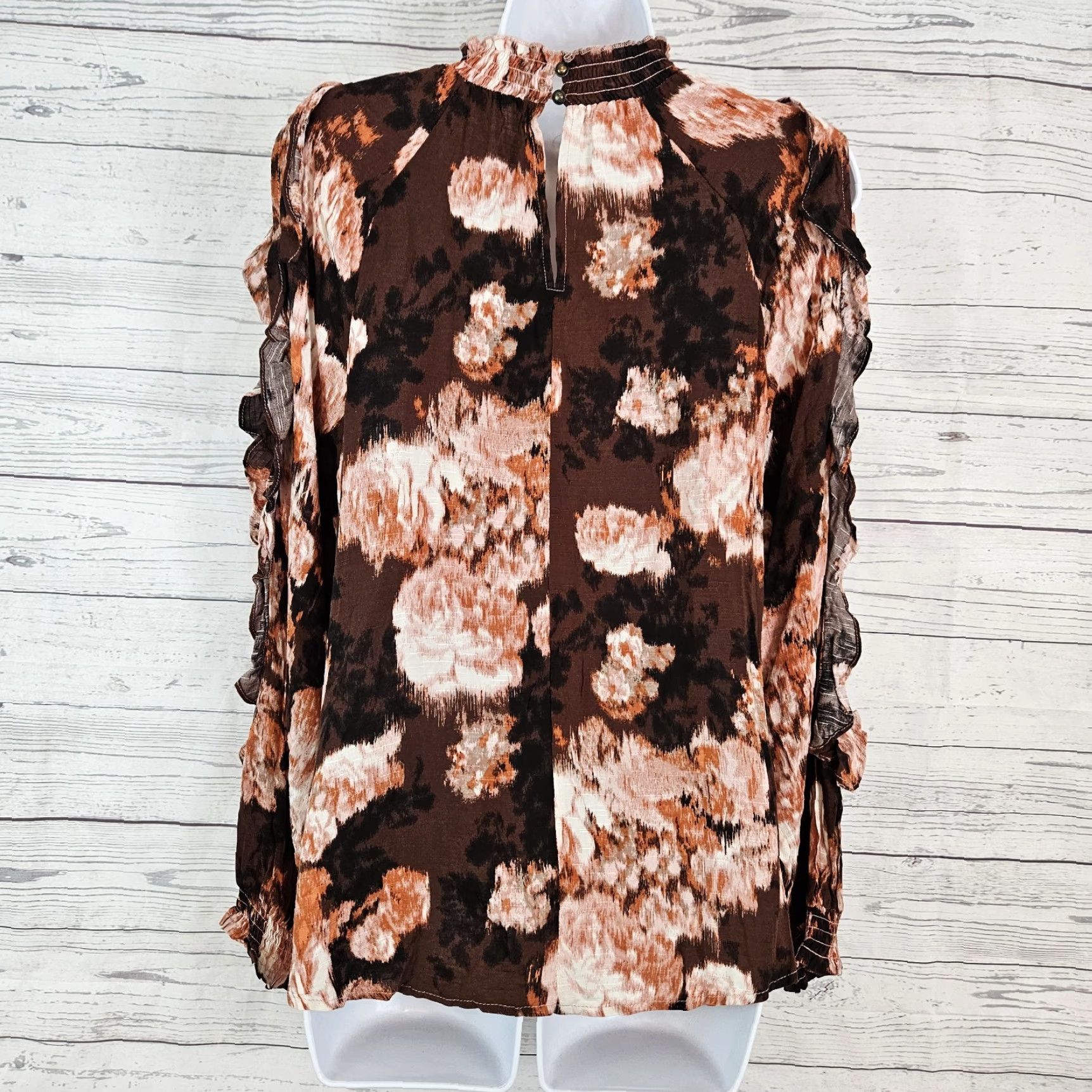 Vintage Maurices Womens Top Medium Pink Brown Split Sleeves High Neck Rayon Blouse Mens? Size M / US 6-8 / IT 42-44 - 4 Thumbnail