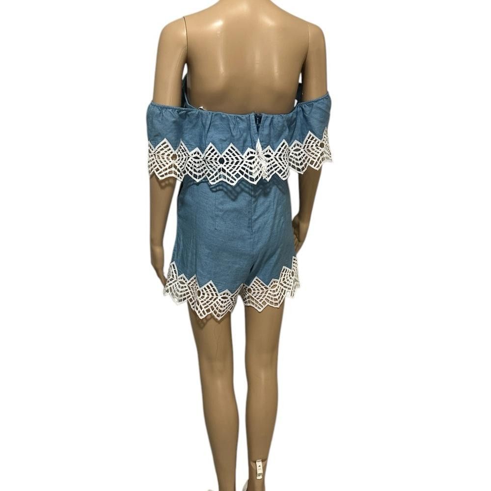 Bardo Blue Off-Shoulder Romper with Lace Trim Size 27" / US 4 / IT 40 - 3 Thumbnail