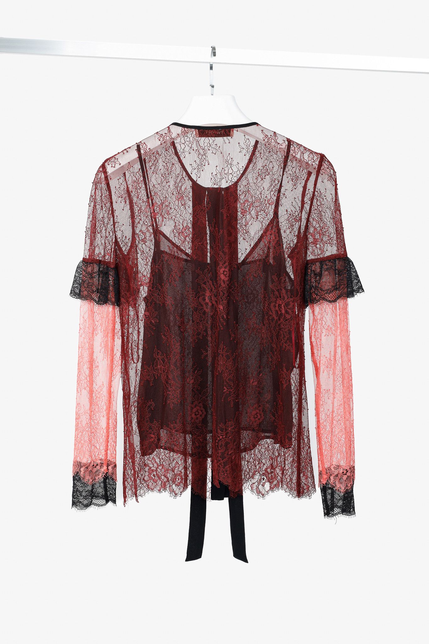 TWINSET Twinset Burgundy & Pink Lace Ruffle Tie-Neck Blouse Size S / US 4 / IT 40 - 2 Thumbnail