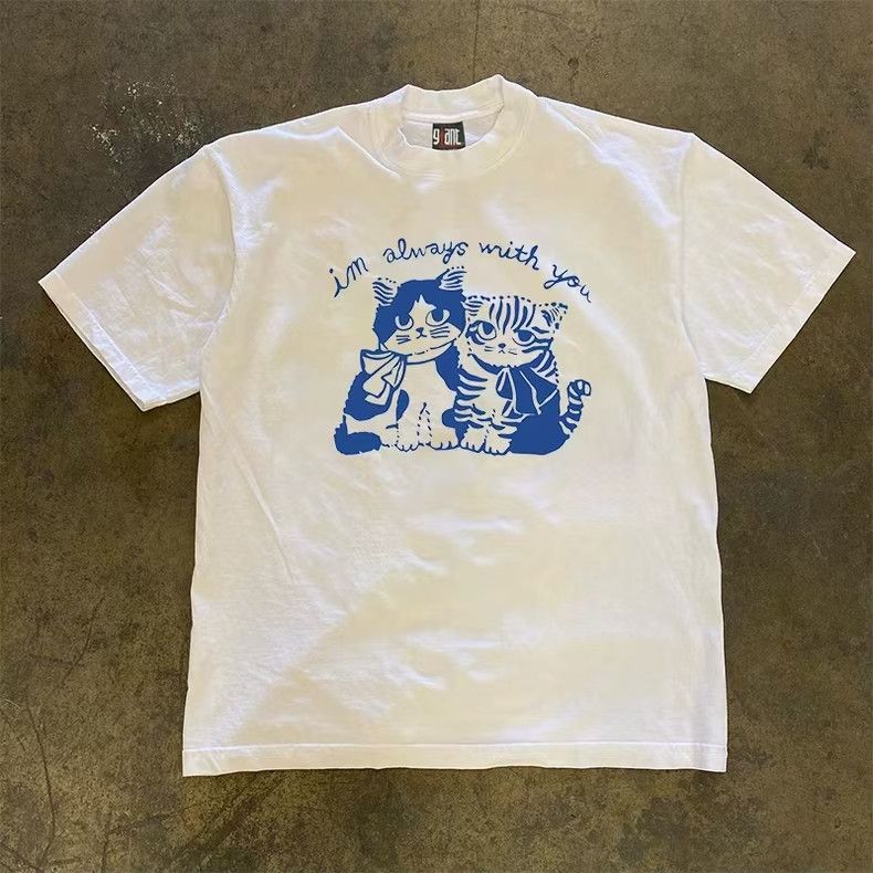 Vintage White casual retro cartoon cat print t-shirt Size US M / EU 48-50 / 2 - 1 Thumbnail